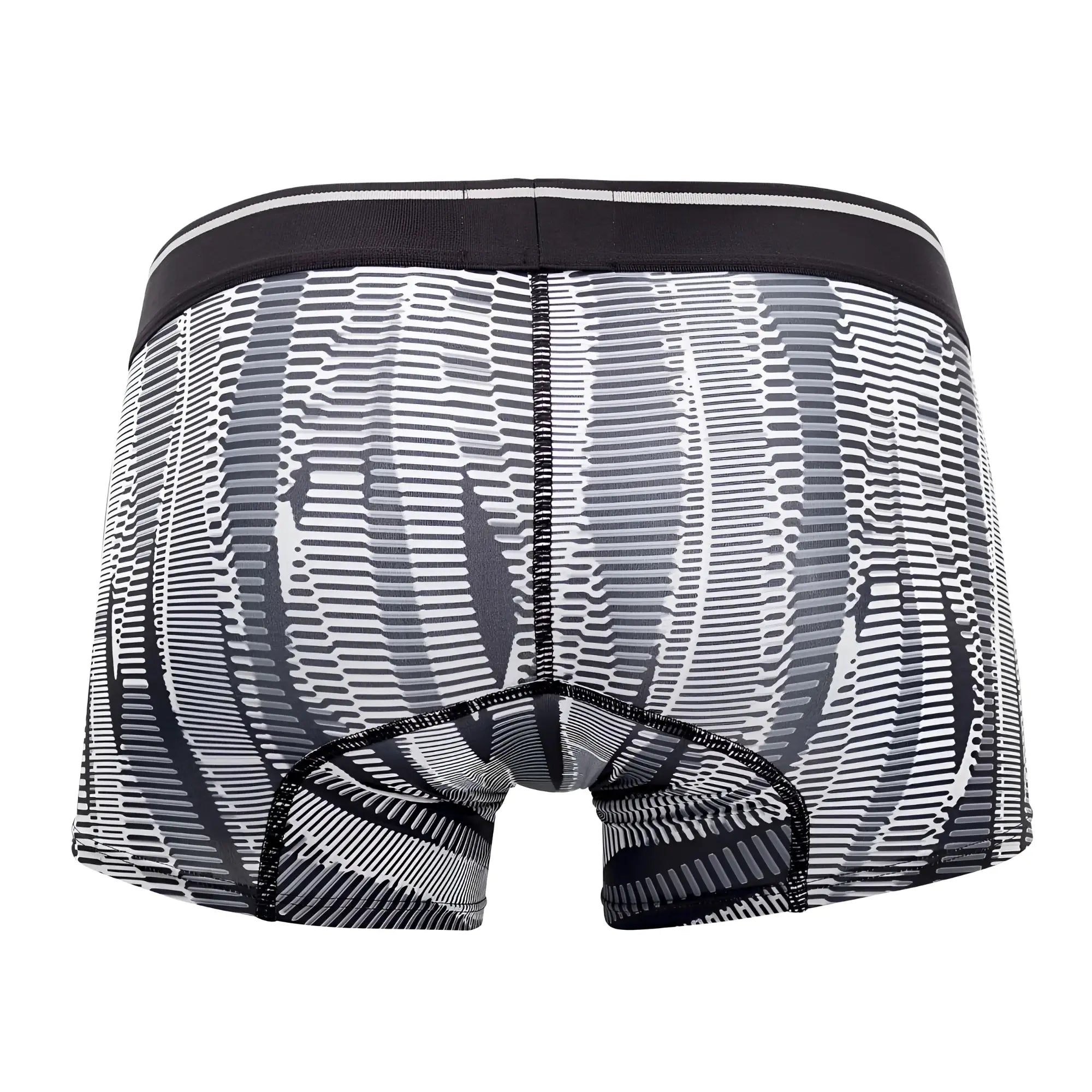 Black and white patterned men’s hawai 42121 printed athletic trunks with concentric lines and a sleek modern design