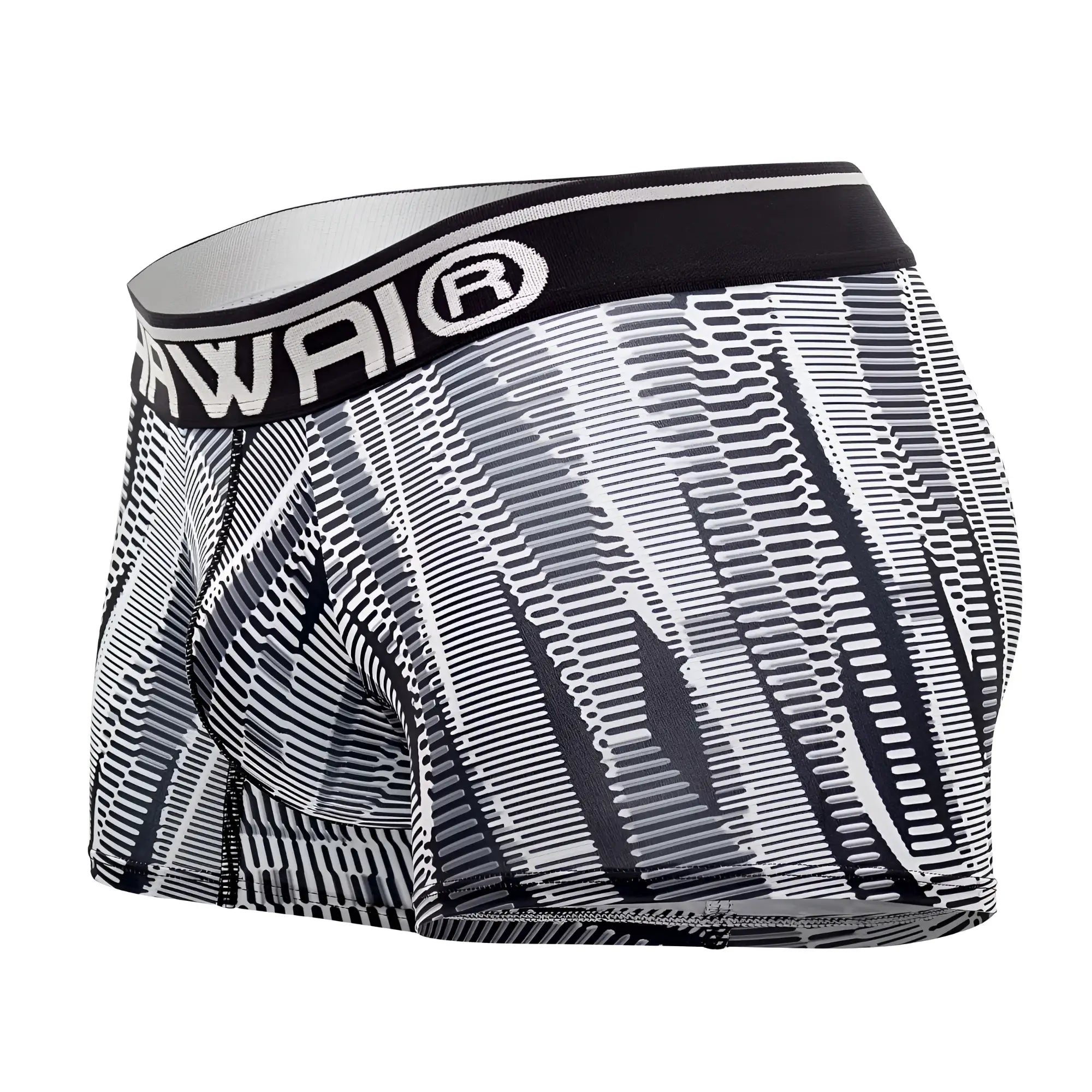 Black and white patterned men’s printed athletic trunks with bold geometric diagonal lines and hawaii on waistband