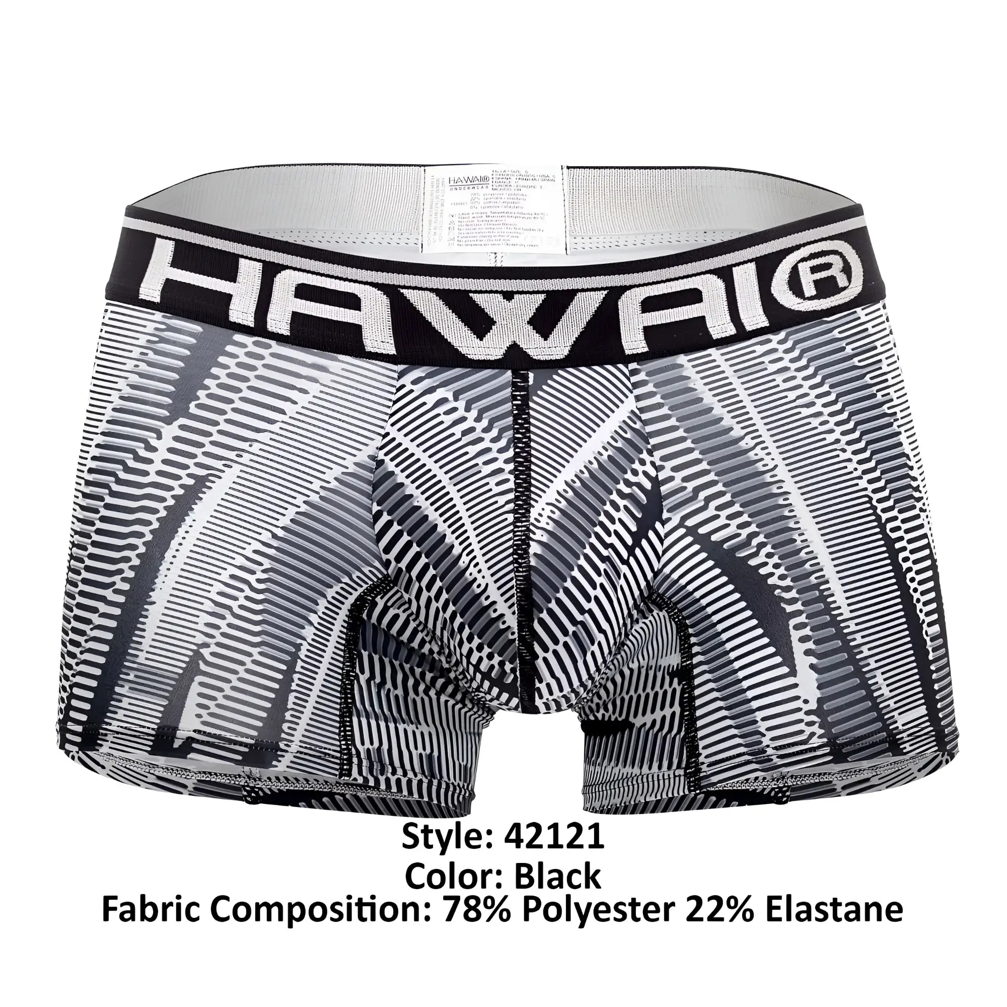 Black and white patterned men’s boxer briefs with a bold hawai logo on the waistband in color black