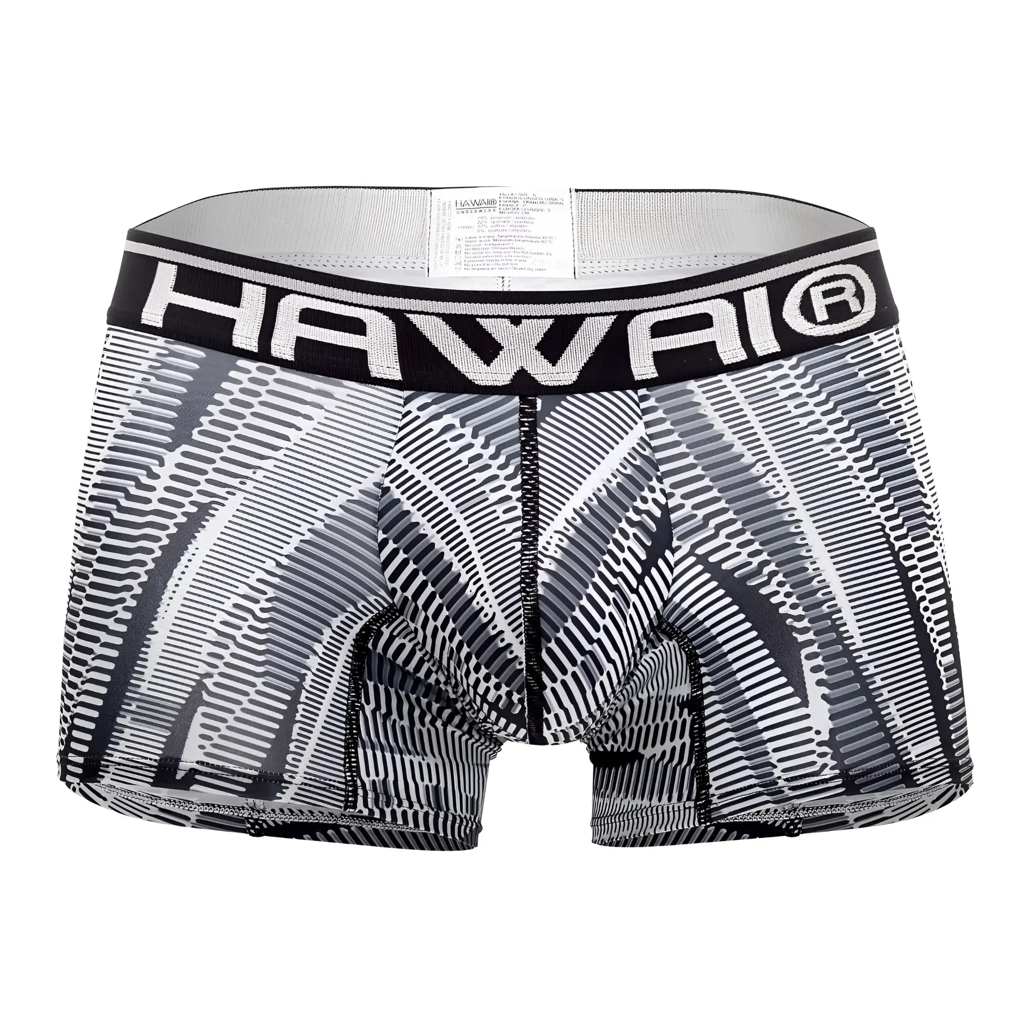 Black and white patterned men’s boxer briefs with bold hawaii logo waistband in printed athletic trunks color black