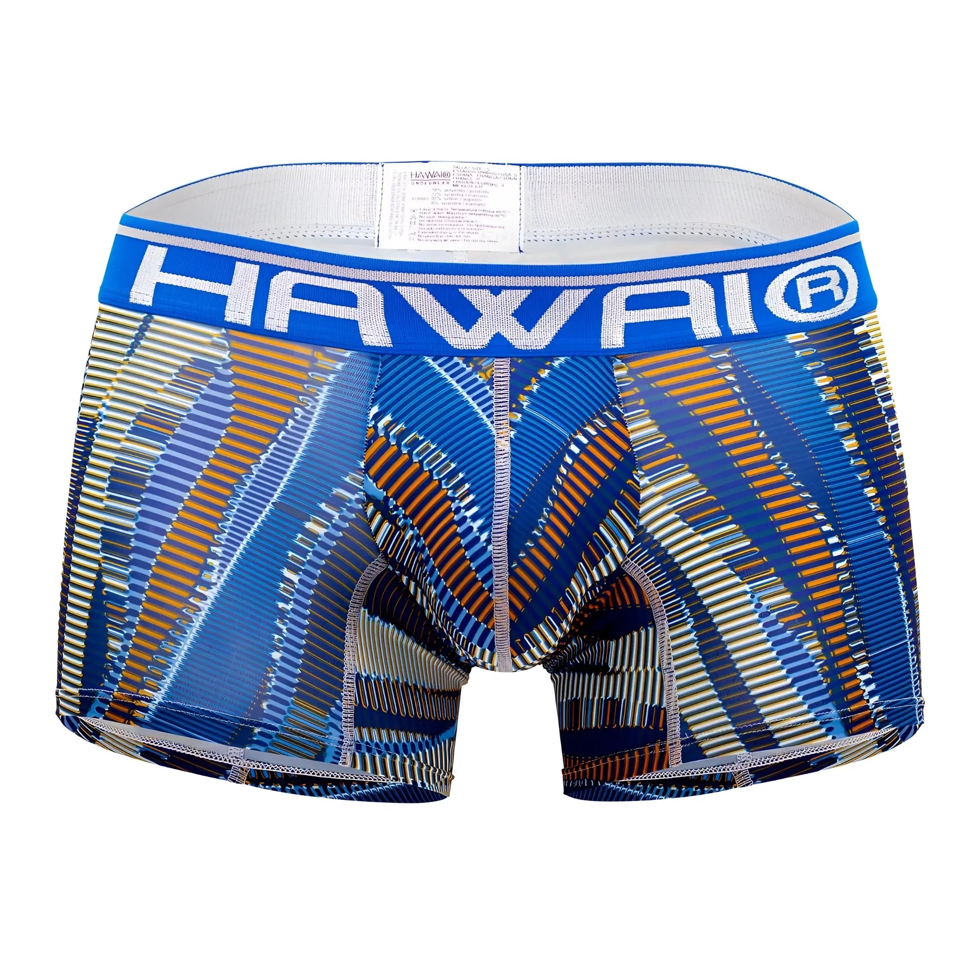 Blue and brown patterned men’s boxer briefs with bold hawaii waistband in royal blue printed athletic trunks design