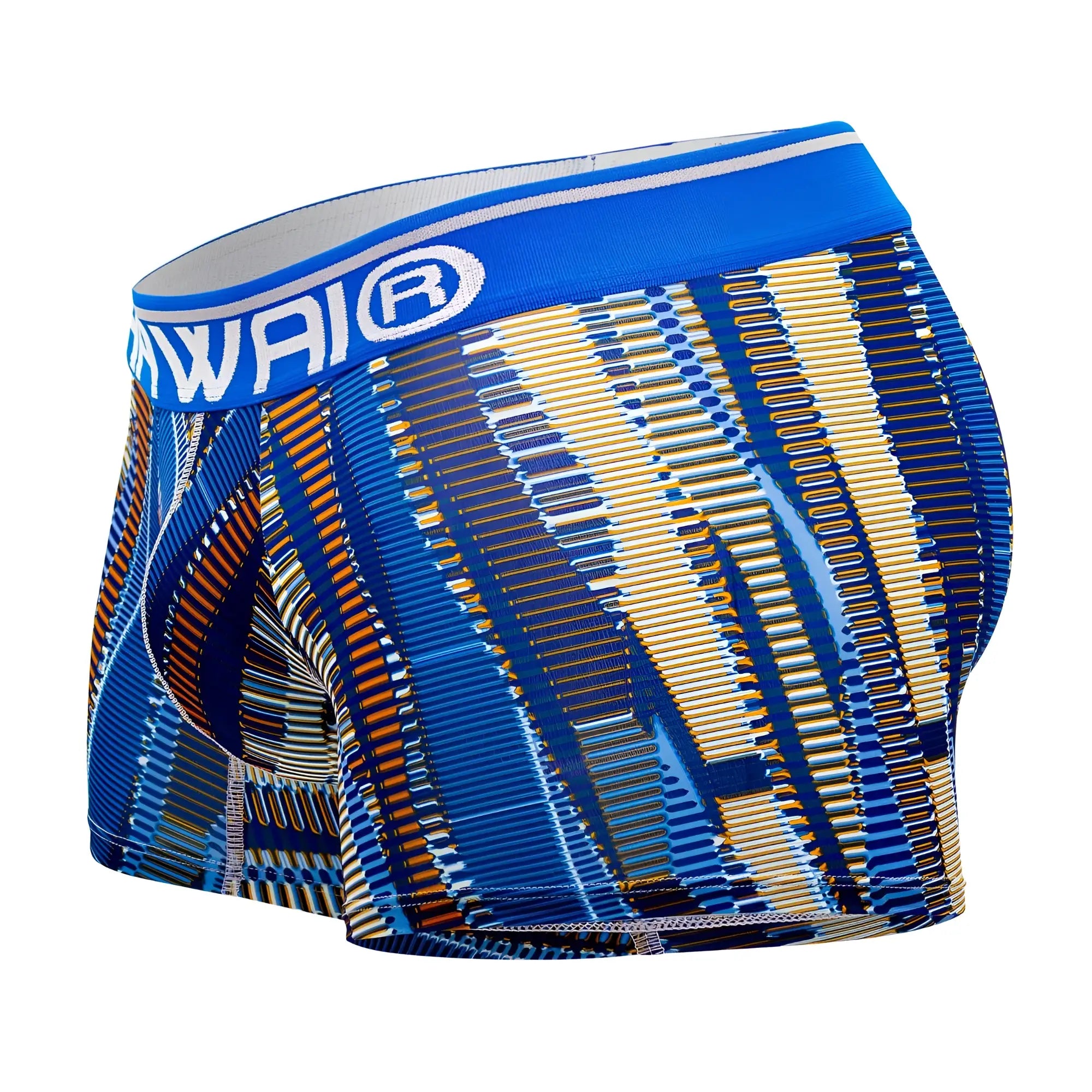 Blue and gold patterned royal blue hawai 42121 printed athletic trunks with white awai logo waistband