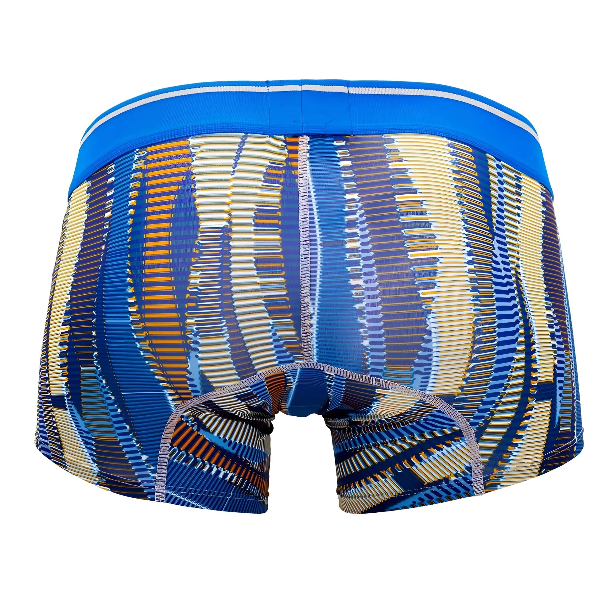 Hawai 42121 printed athletic trunks in royal blue with blue and gold striped pattern and solid blue waistband