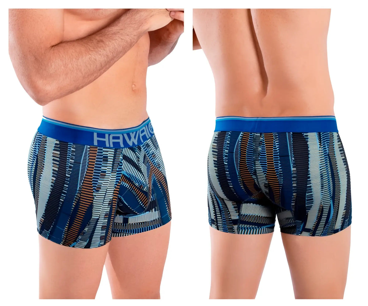 Hawai 42121 printed athletic trunks in royal blue with blue and gray vertical stripe pattern boxer briefs design