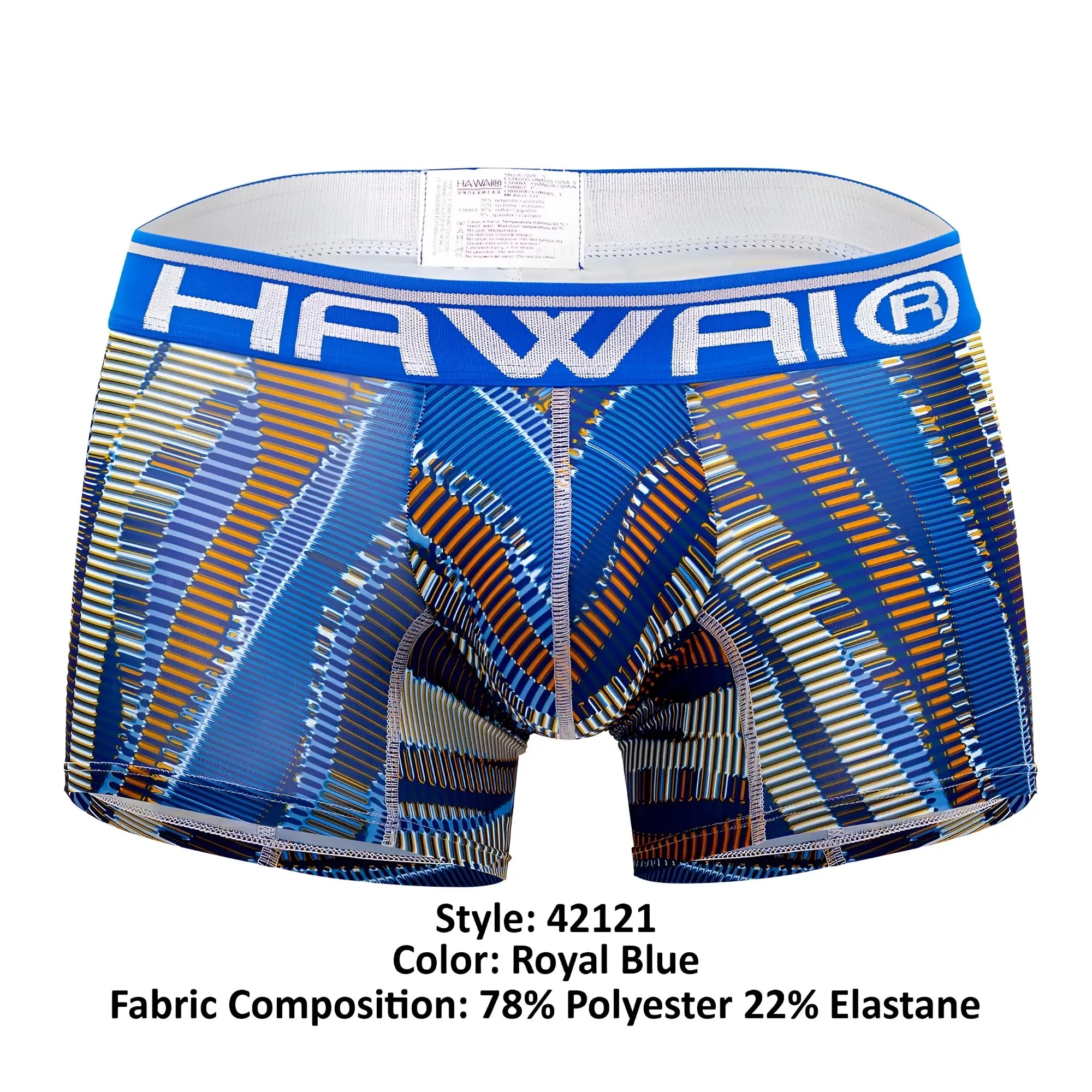 Royal blue hawaiian printed athletic trunks with bold geometric pattern and elastic waistband boxer briefs