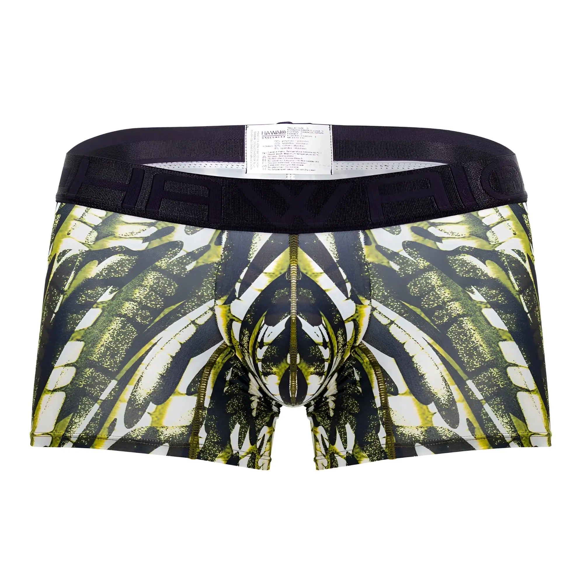Men’s hawai 42172 printed microfiber trunks in military green with black and lime wing-like patterned design