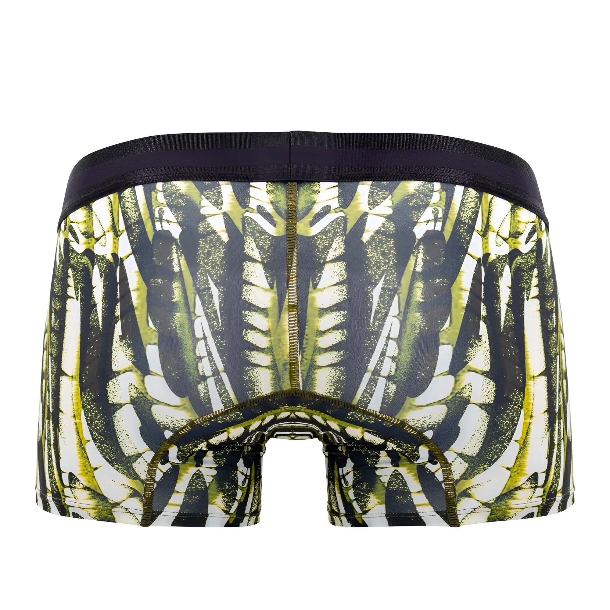 Black and lime green skeleton patterned microfiber boxer briefs with dark waistband in military green color