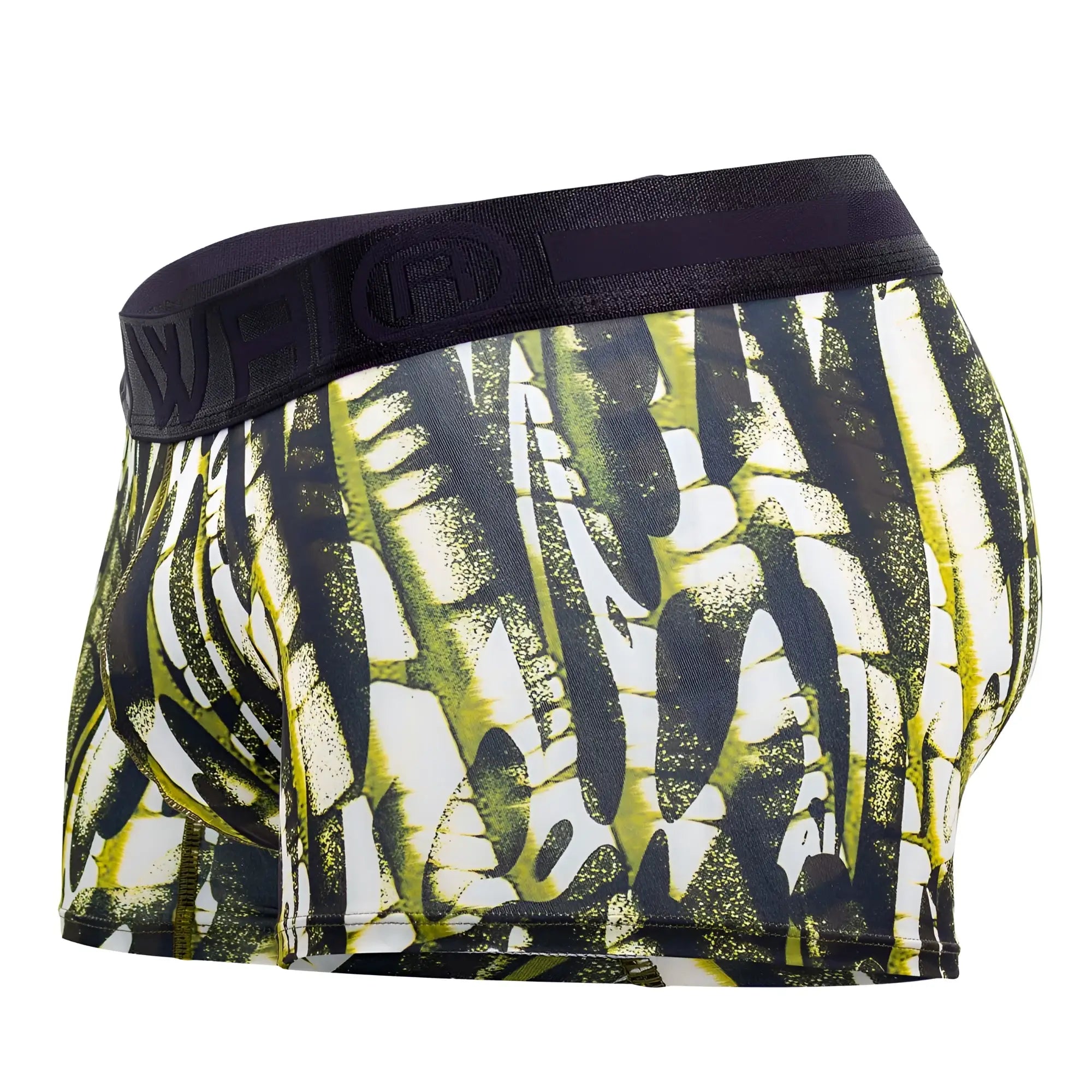 Hawai 42172 printed microfiber trunks in military green with black and neon green abstract pattern and embossed logo waistband