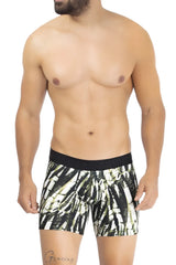 Black and white patterned microfiber trunks with bold abstract leaf design in military green color hawai 42172
