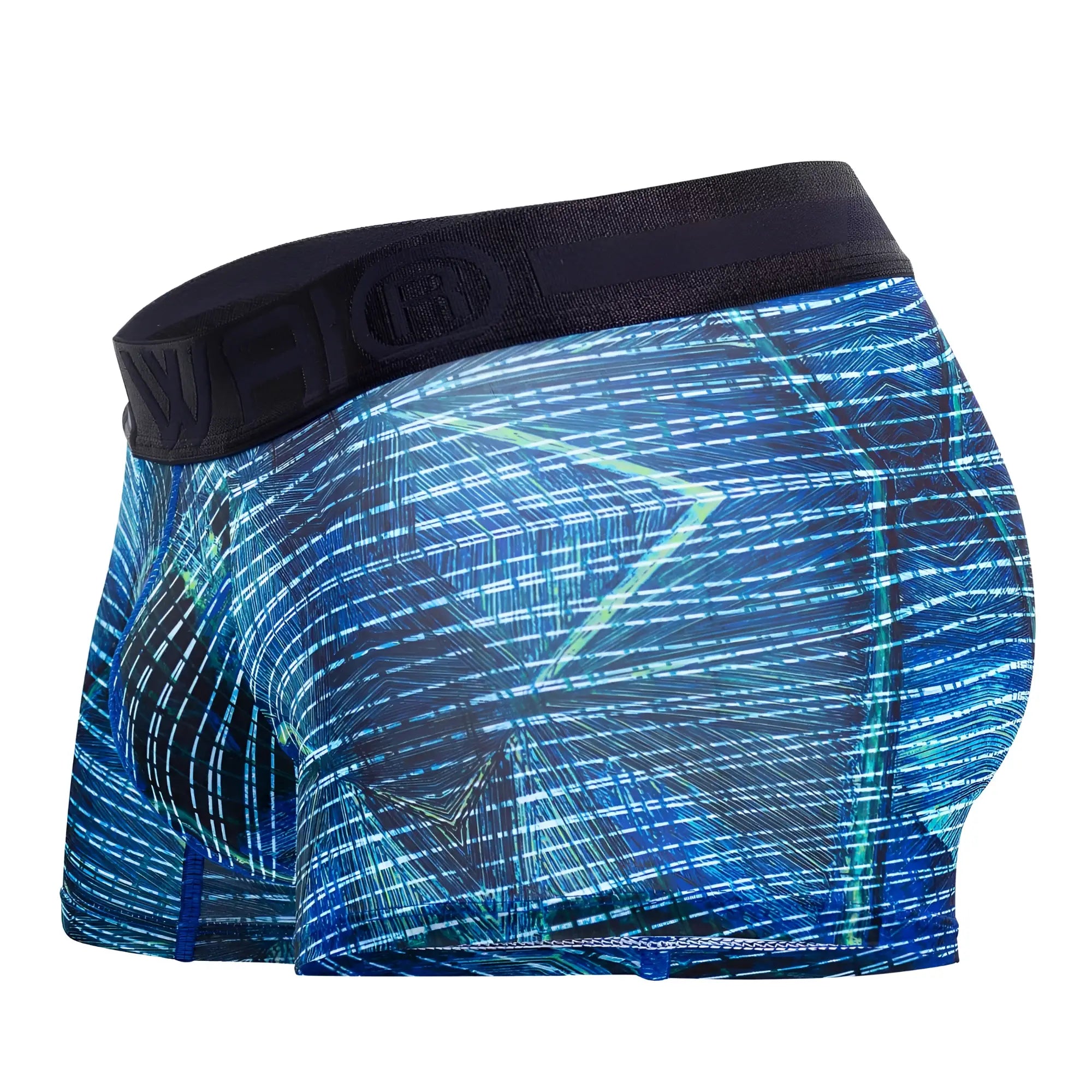 Hawai 42173 printed microfiber trunks in royal blue with blue and black geometric patterned men’s boxer briefs design