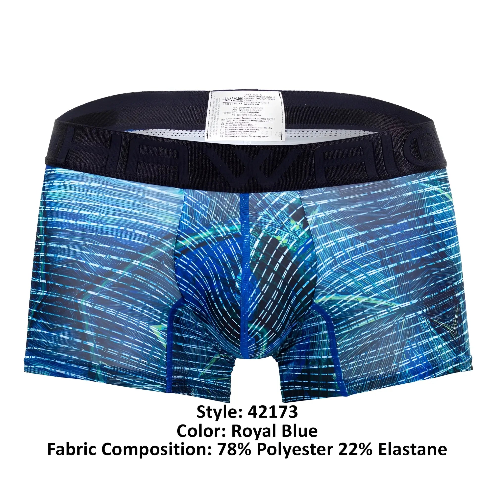 Royal blue hawaï 42173 printed microfiber trunks with digital circuit pattern and black elastic waistband for men