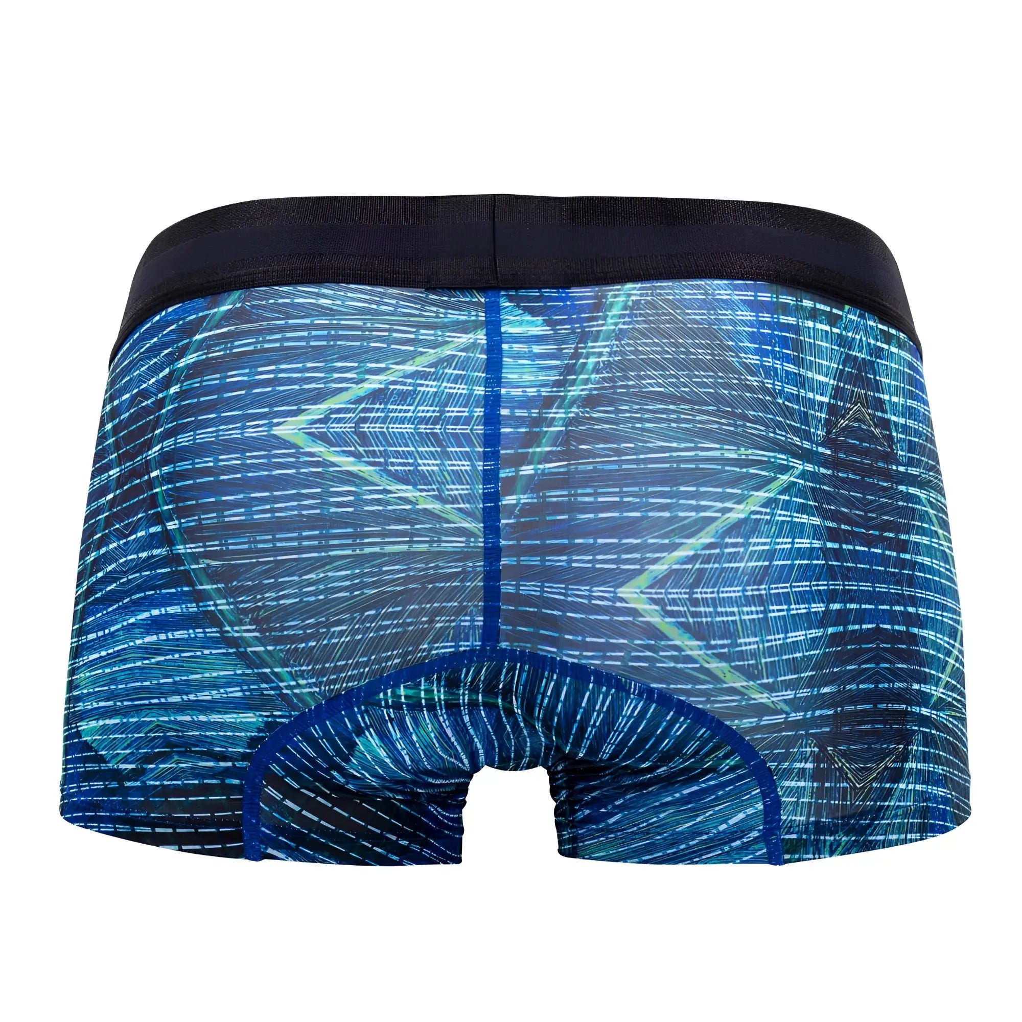 Hawai 42173 printed microfiber trunks in royal blue with a black waistband and geometric blue pattern