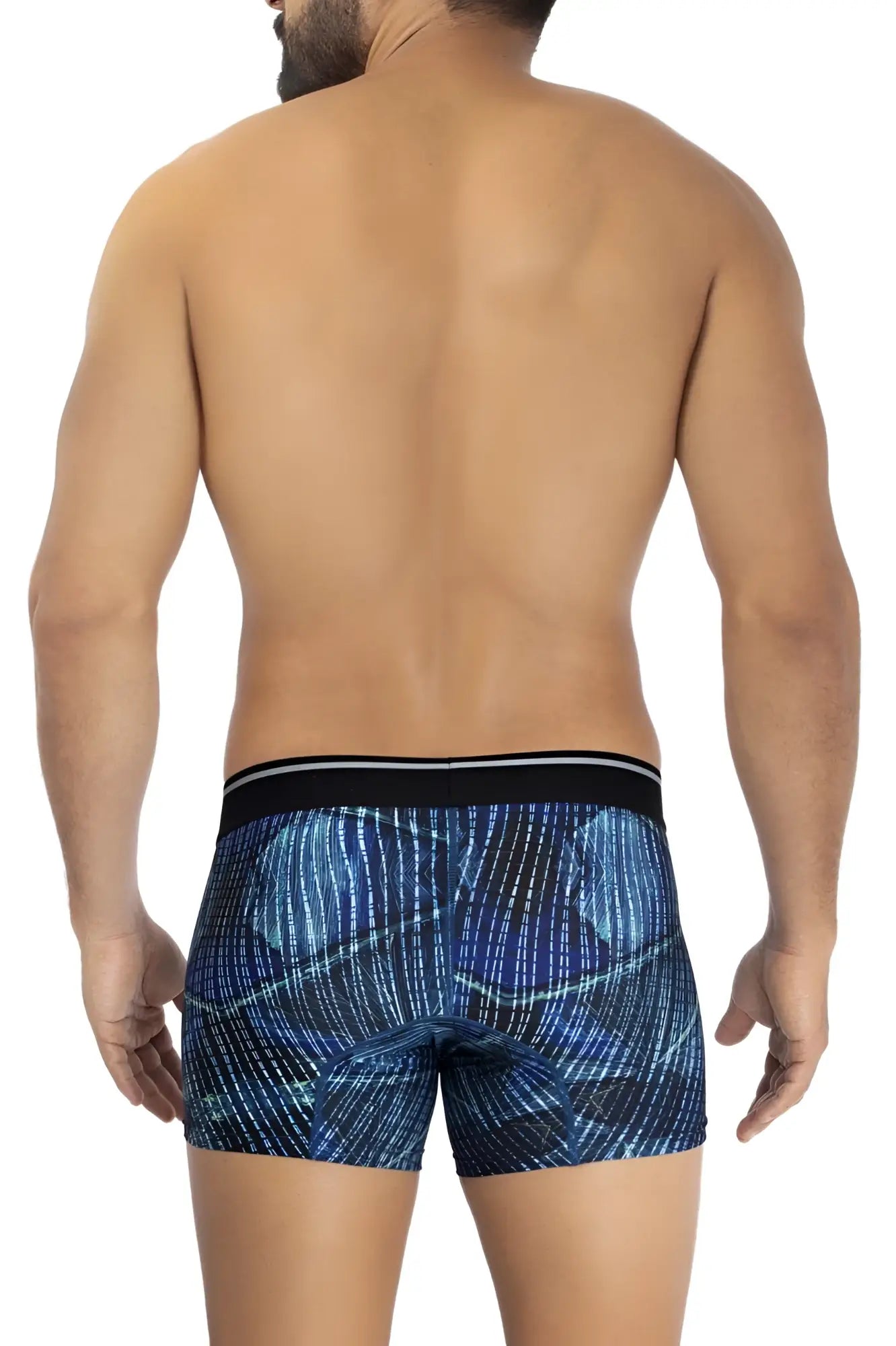 Hawai 42173 printed microfiber trunks in royal blue with blue pattern and black waistband featuring white stripes