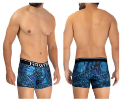 Blue patterned hawaii microfiber men’s boxer briefs with a black waistband in royal blue color