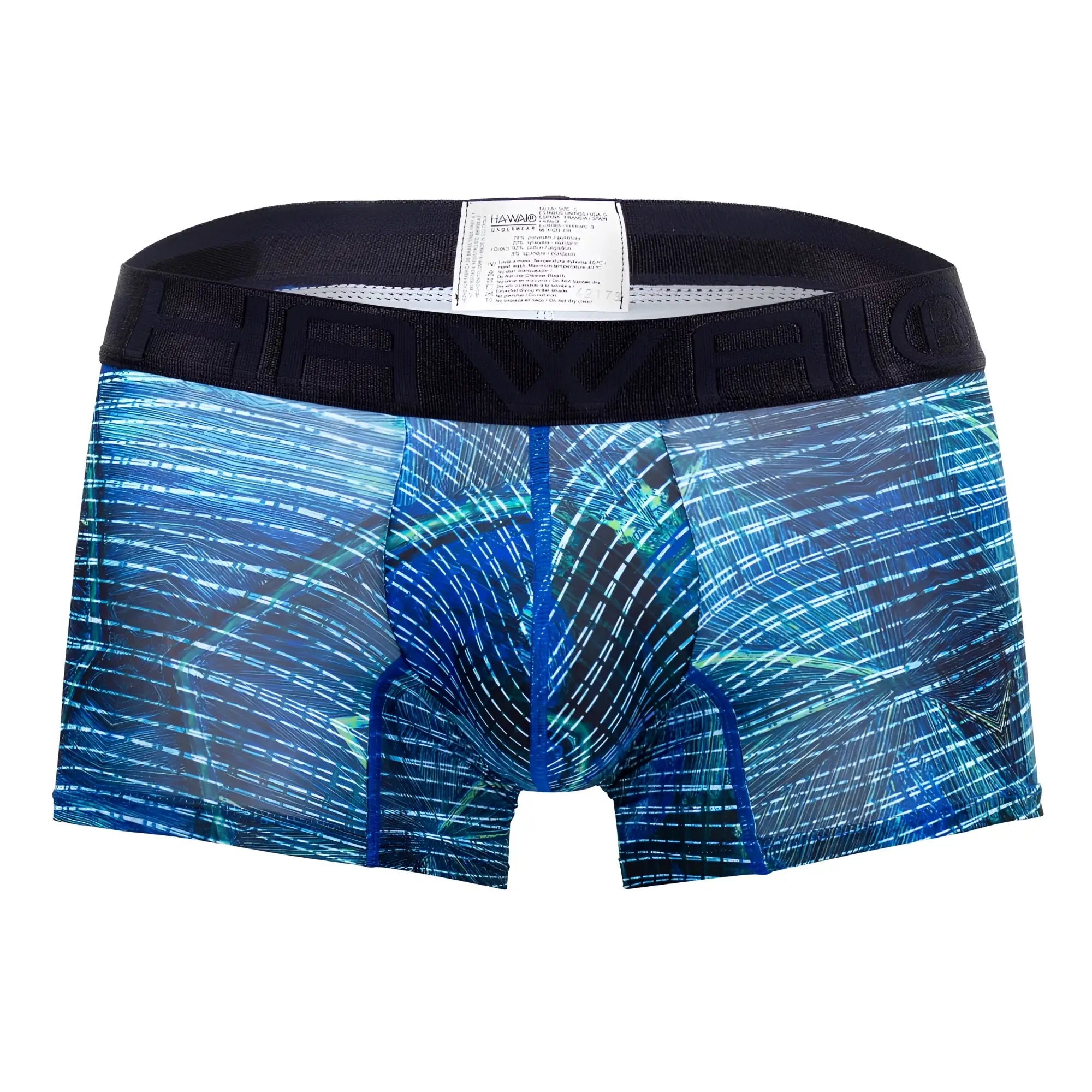 Blue and teal abstract patterned men’s microfiber boxer briefs with black havio branded elastic waistband royal blue color