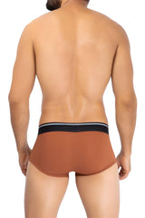 Brown amber hawaI 42181 solid microfiber briefs with black waistband and two thin white stripes front view