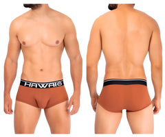 Hawai 42181 solid microfiber briefs in amber with a black elastic waistband featuring white branding text
