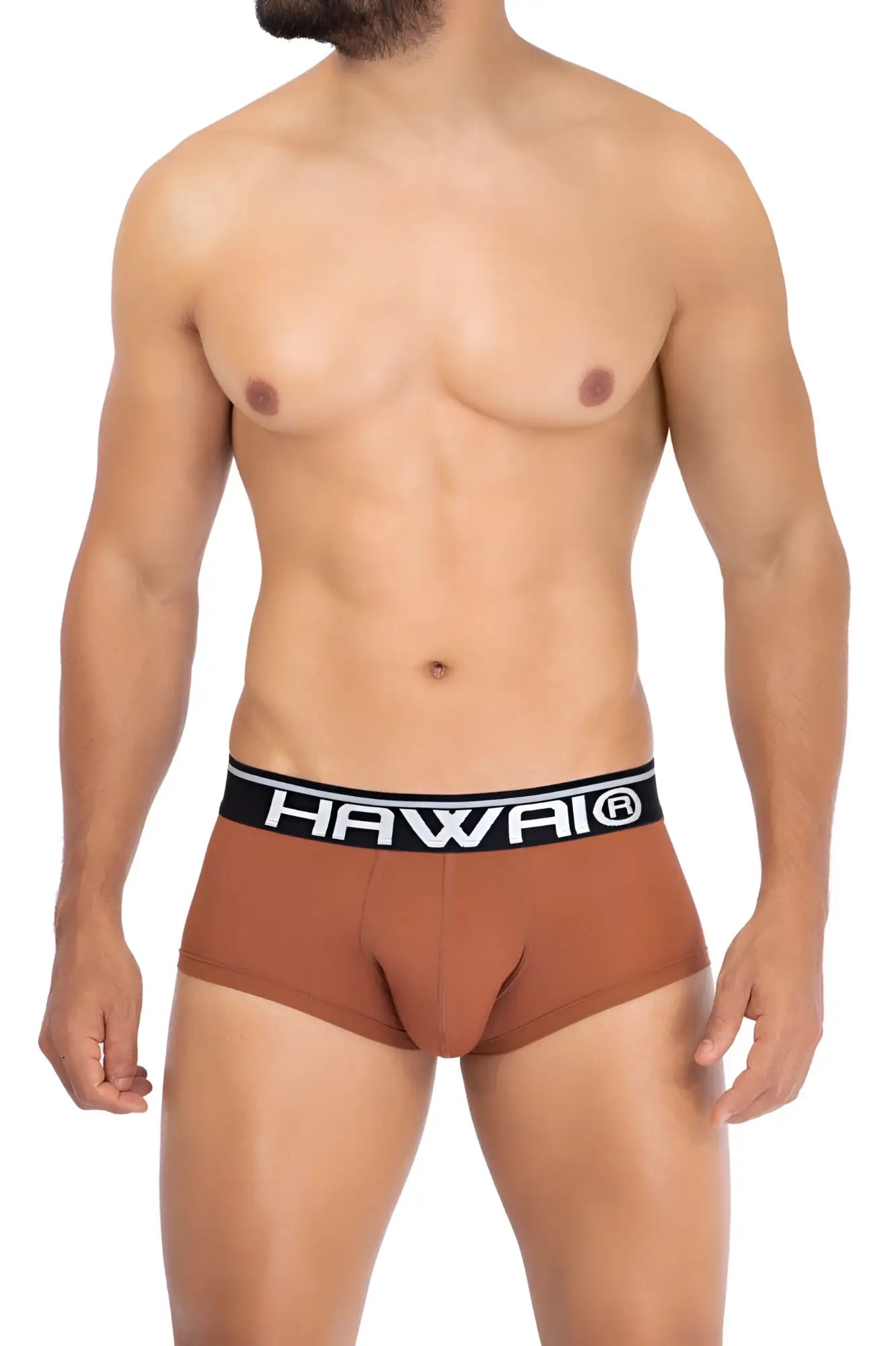 Brown men’s microfiber briefs in amber with a black waistband featuring the hawaii logo in white lettering