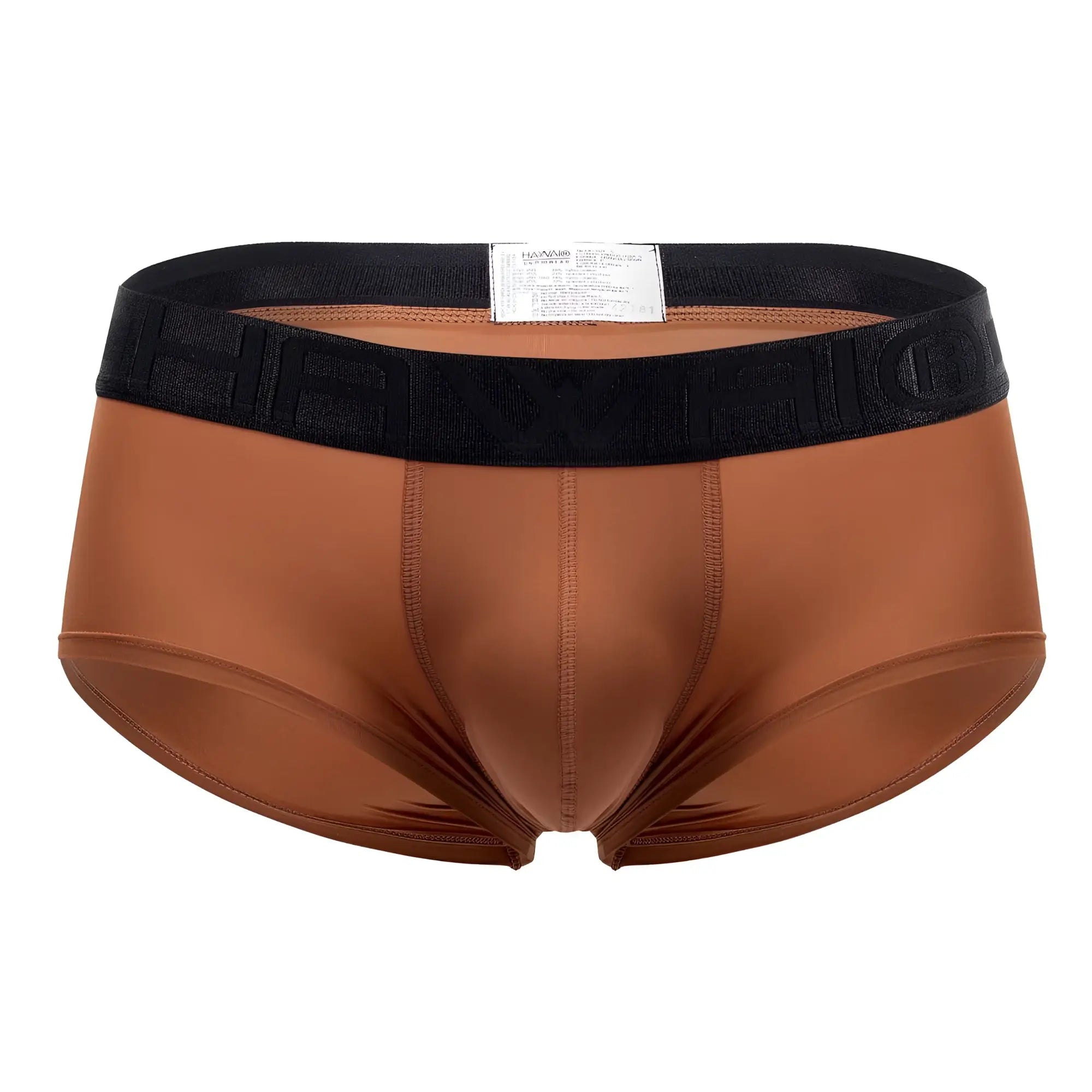Brown satin briefs with black elastic waistband featuring haymo branding in amber microfiber hawai 42181 solid briefs
