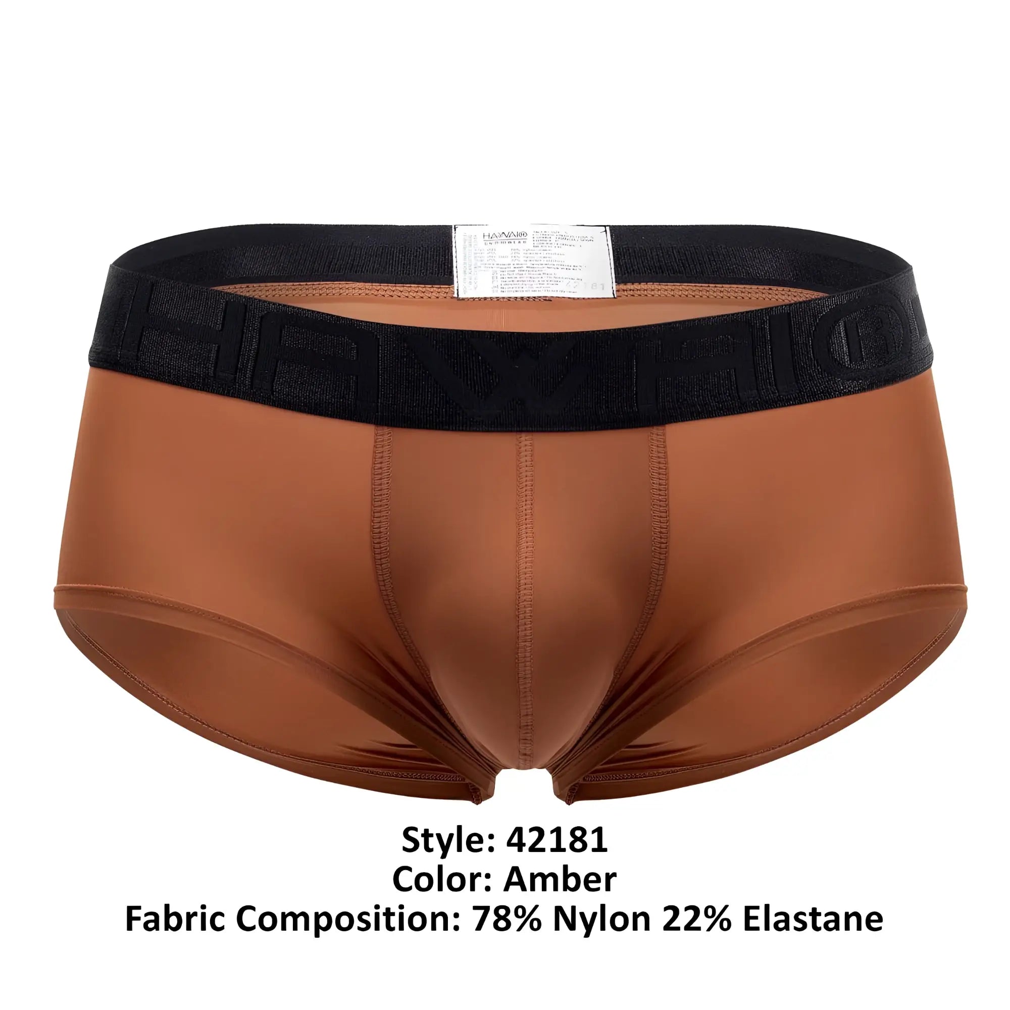 Amber-colored hawaï 42181 solid microfiber men’s briefs with black elastic waistband and raised brand lettering