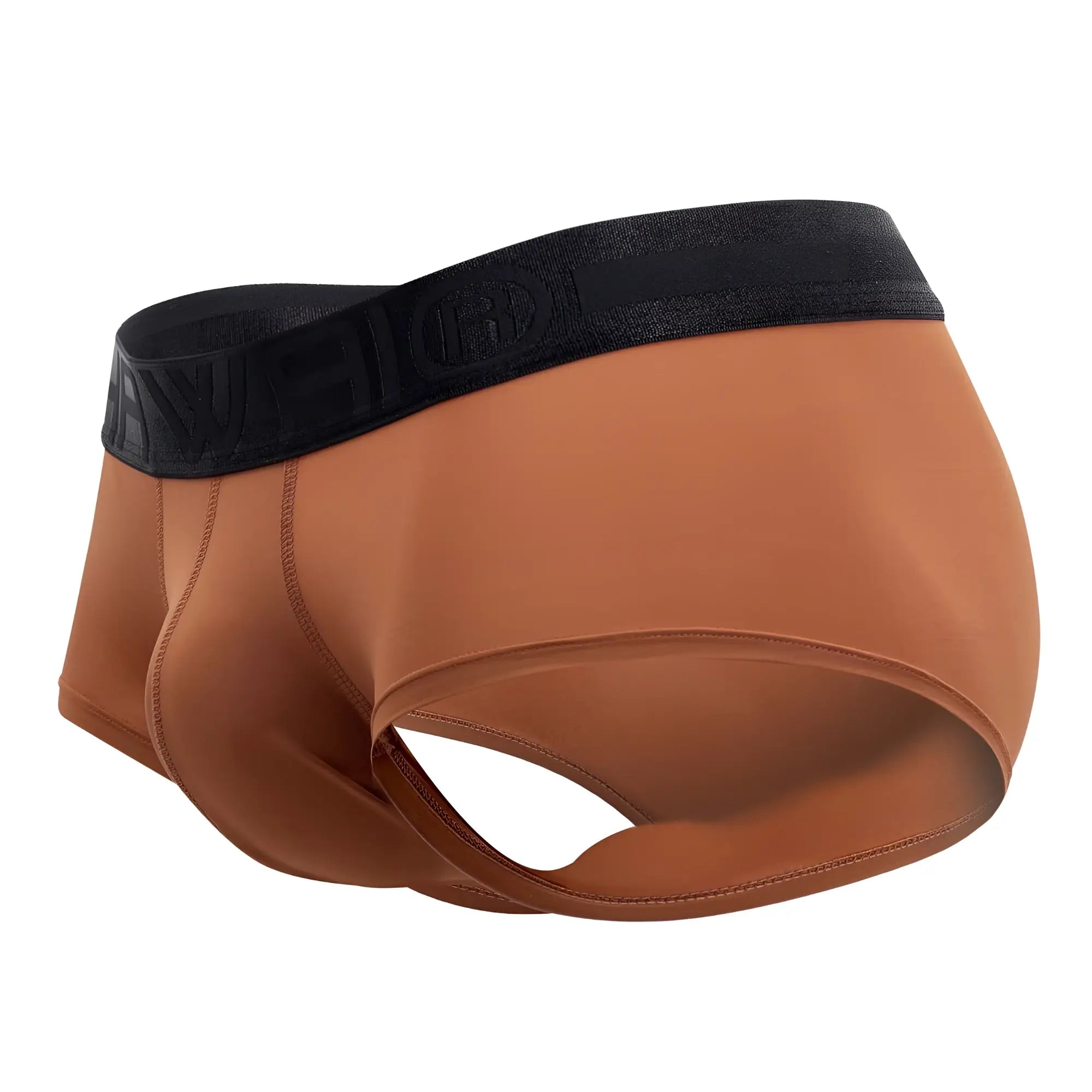 Tan hawa microfiber briefs in amber color with black elastic waistband and embossed logo