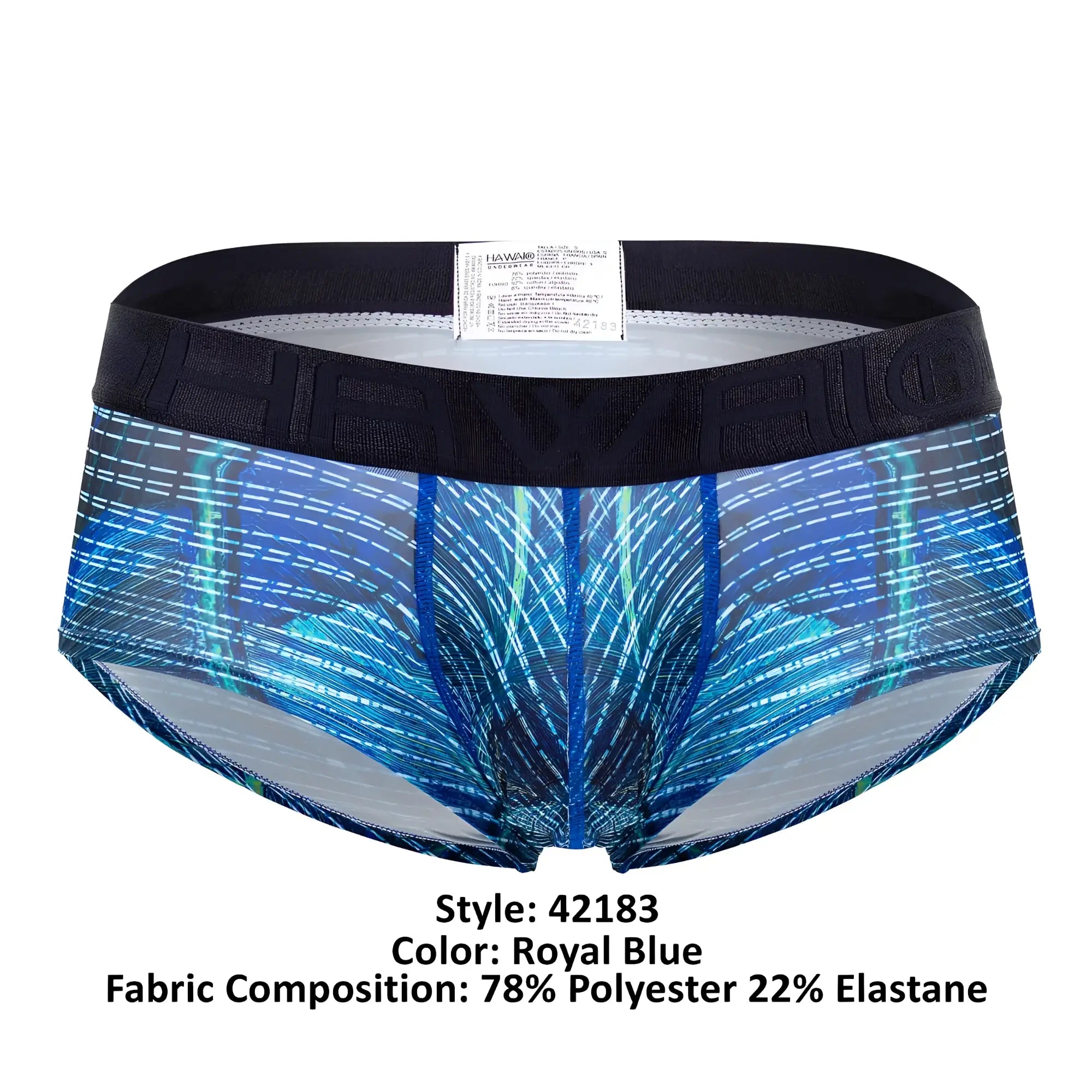 Royal blue havaiic printed microfiber men’s briefs with feather pattern and black elastic waistband