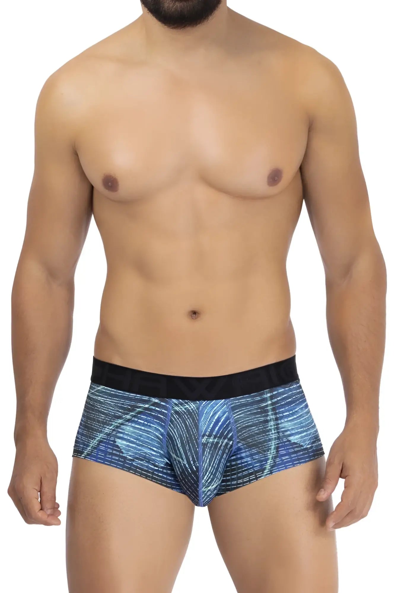 Blue patterned men’s microfiber briefs with black waistband in royal blue color for comfortable daily wear