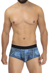 Blue patterned men’s microfiber briefs with black waistband in royal blue color for comfortable daily wear