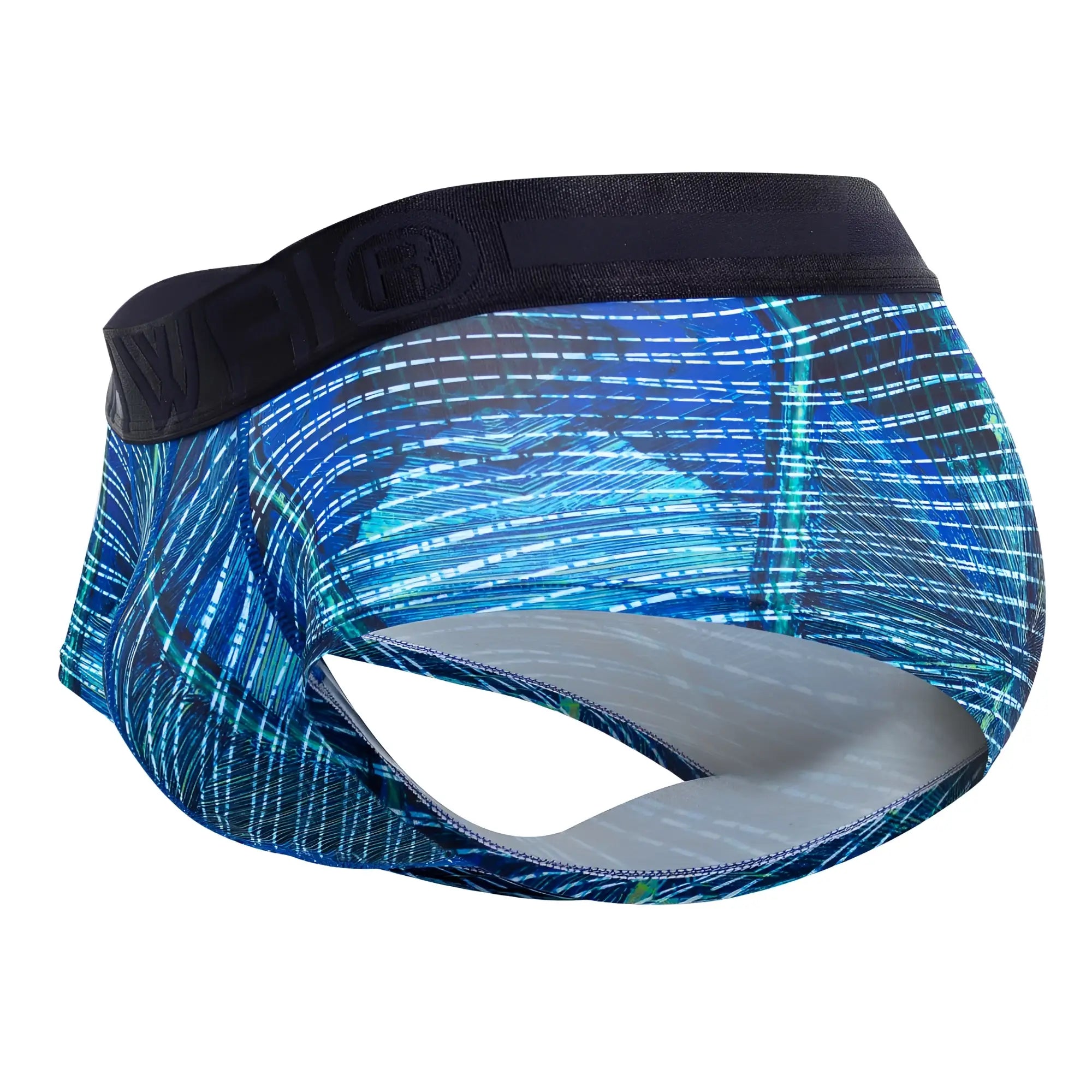 Blue patterned men’s HAWAI 42183 printed microfiber briefs with black waistband and gray interior lining