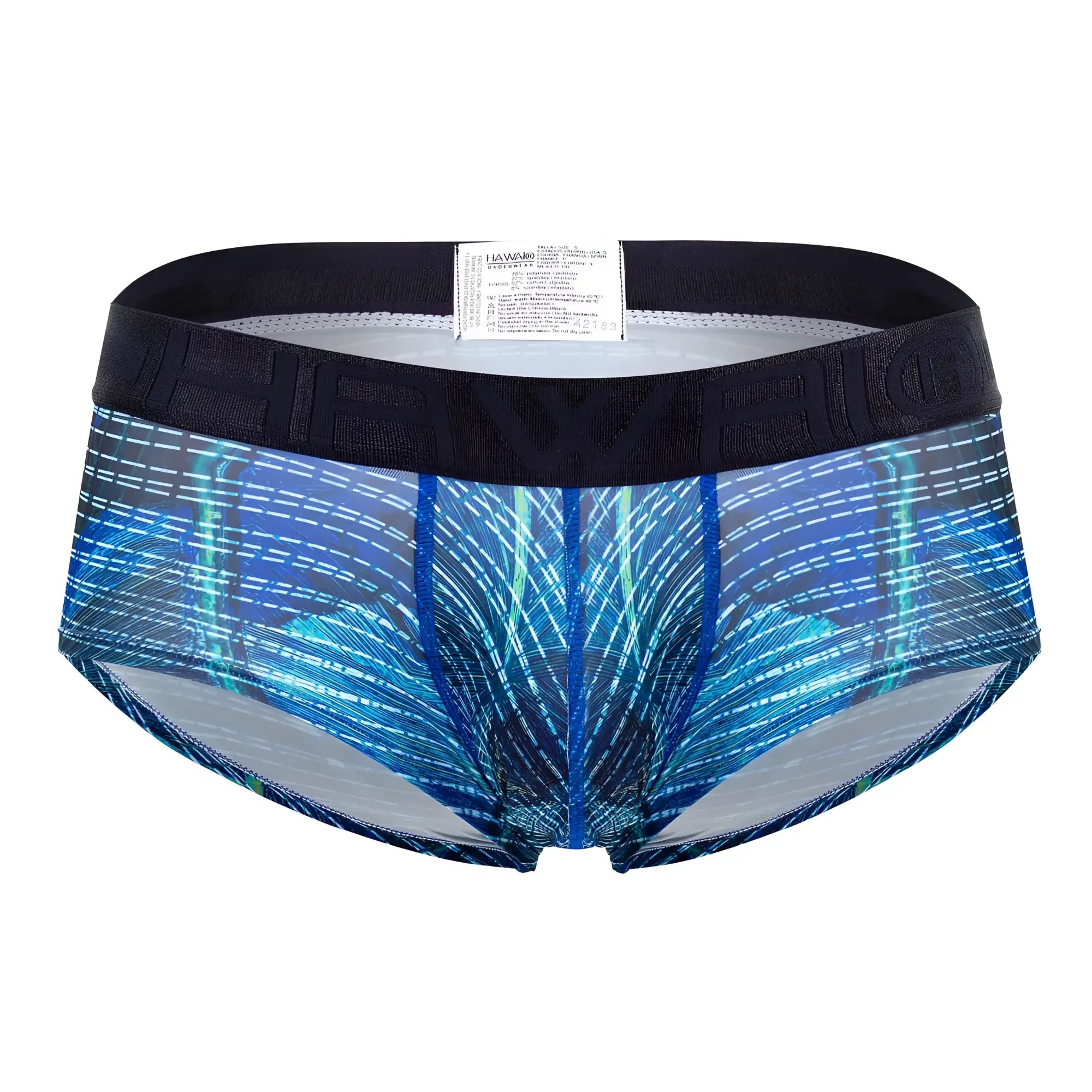 Blue and teal feather patterned hawaii microfiber briefs with black elastic waistband in royal blue color