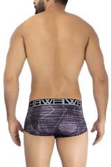 Black and gray patterned hawai 42183 printed microfiber boxer briefs with bold hawe logo band in taupe color