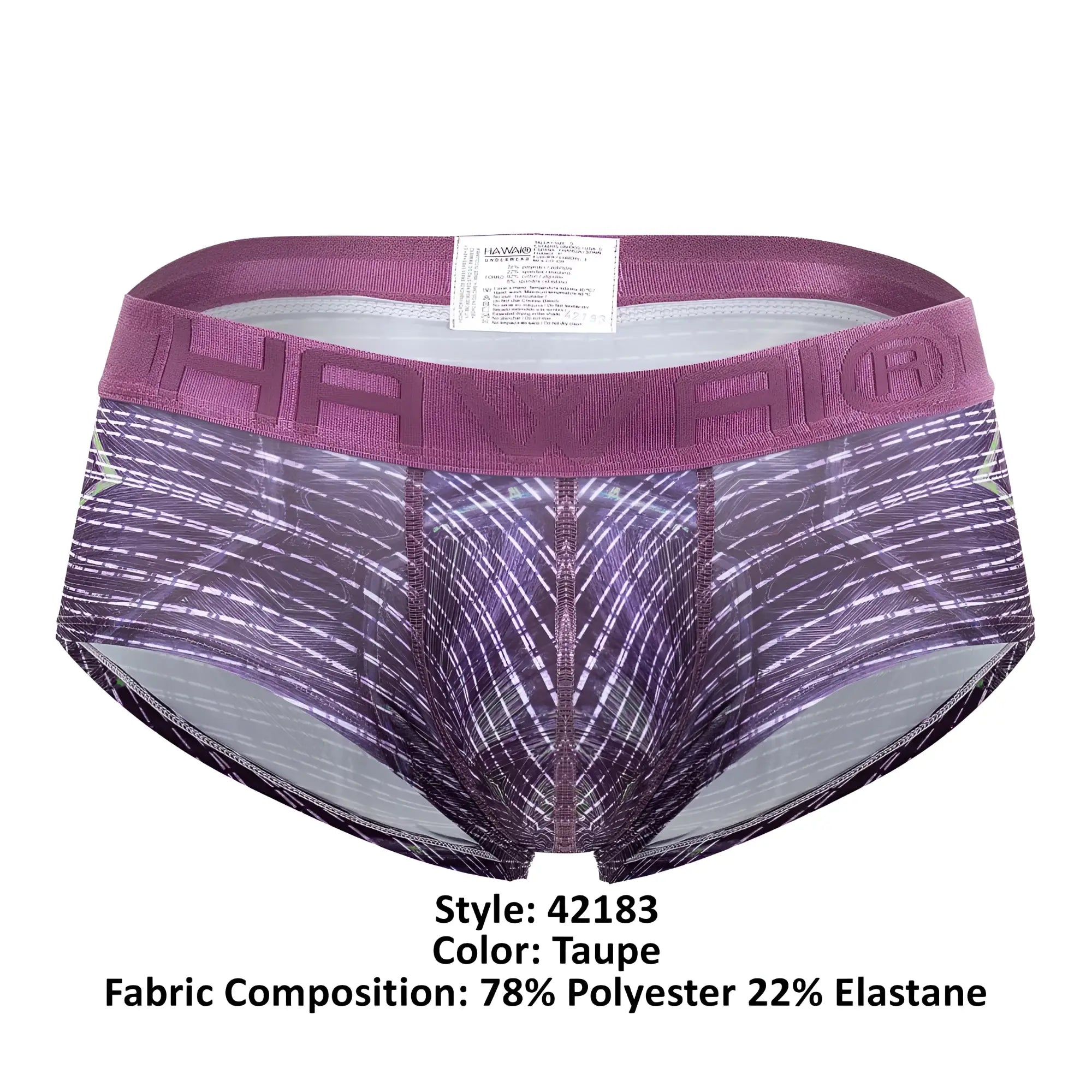 Purple and gray patterned hawaï 42183 printed microfiber briefs in taupe with textured waistband and hawaï branding