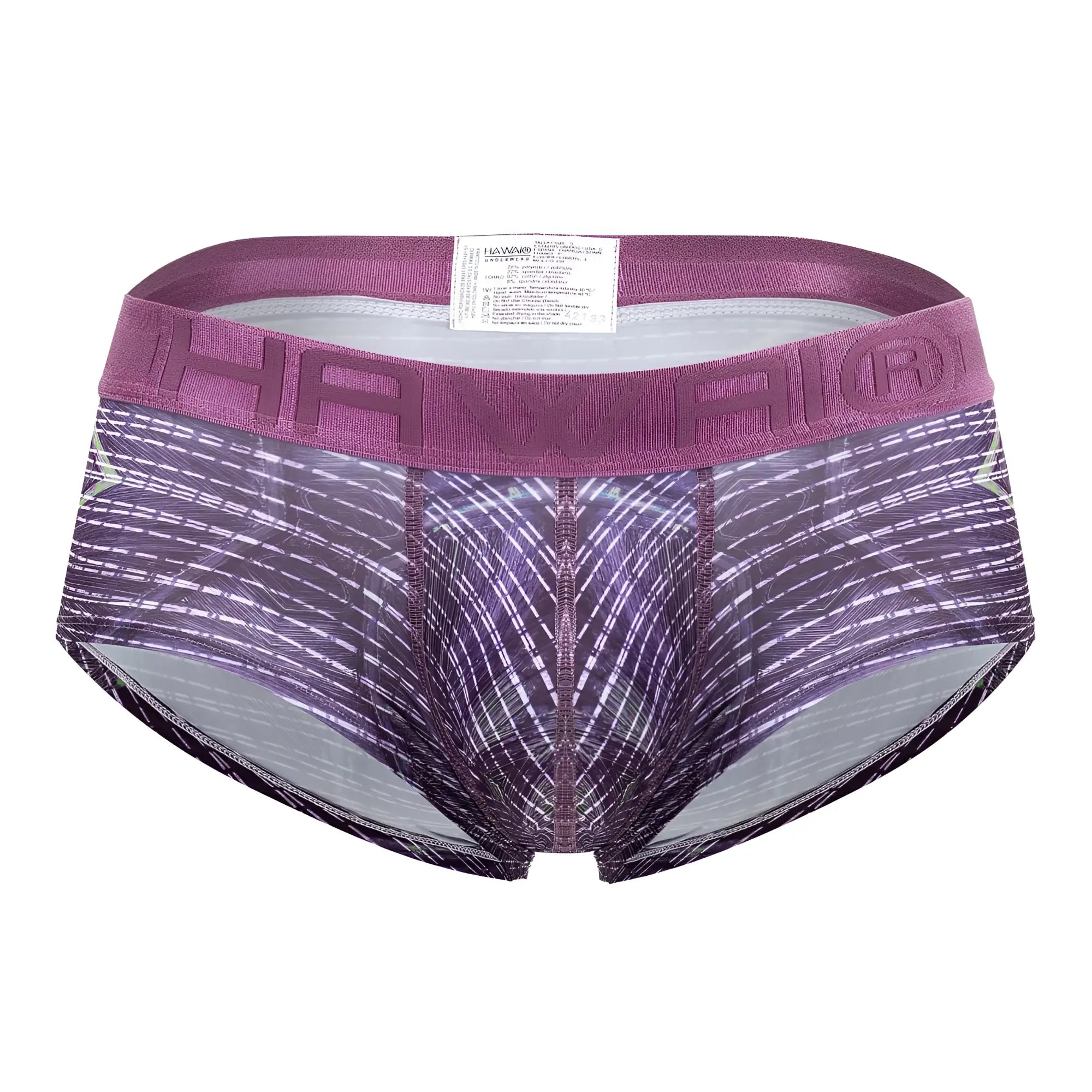 Purple and gray patterned men’s microfiber briefs with textured waistband featuring hawaii brand in taupe color