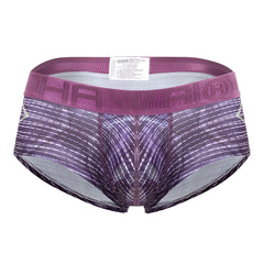 Purple and gray patterned men’s microfiber briefs with textured waistband featuring hawaii brand in taupe color