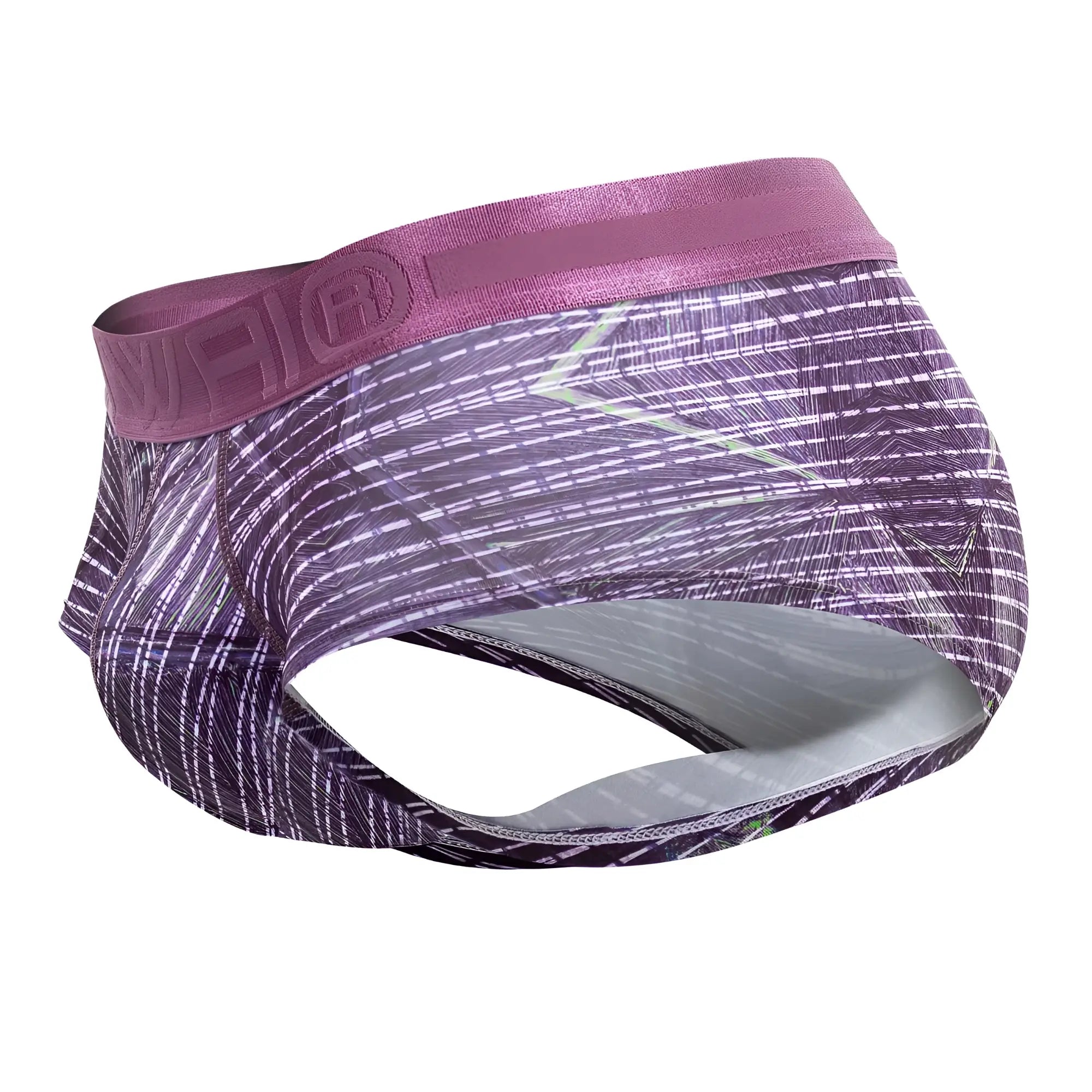 Purple patterned hawai 42183 printed microfiber briefs with taupe satin-like waistband and geometric design
