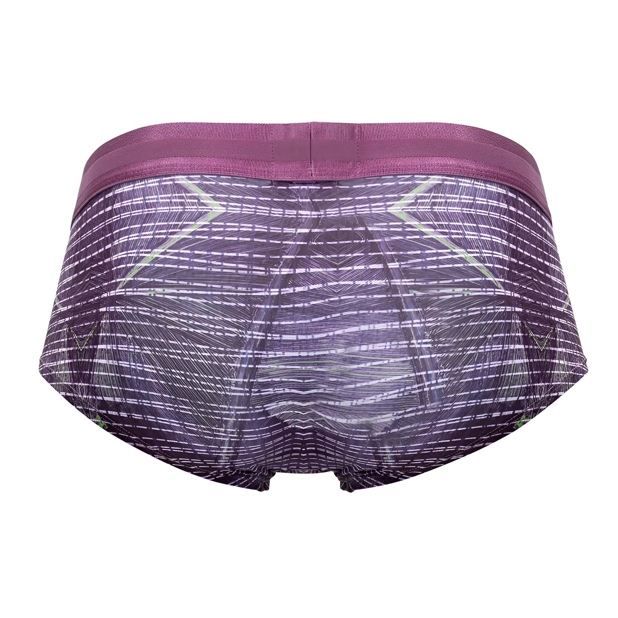 Purple and white geometric-patterned hawai 42183 printed microfiber briefs with matching elastic waistband in taupe color