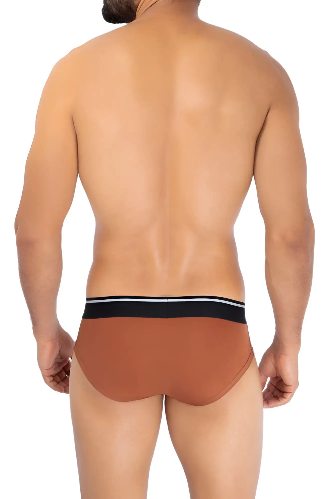 Hawai 42191 solid microfiber hip briefs in amber with a black and white striped waistband front view
