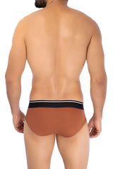Hawai 42191 solid microfiber hip briefs in amber with a black and white striped waistband front view