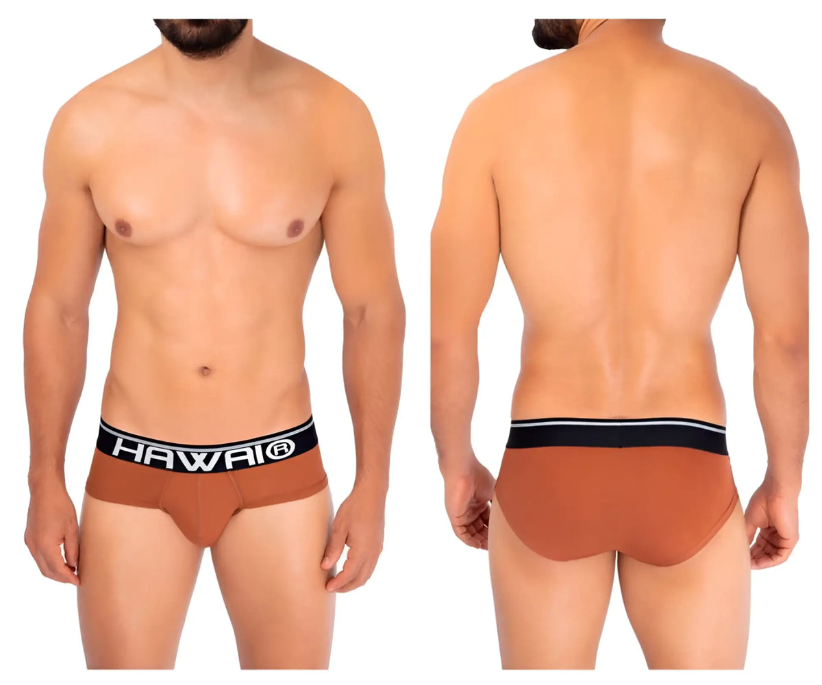 Brown Hawaii brand solid microfiber hip briefs in amber with a black elastic waistband featuring white lettering