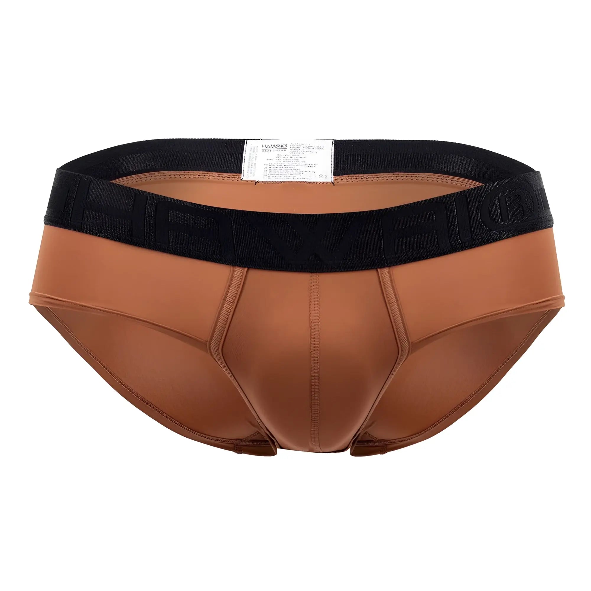 Brown hawai 42191 solid microfiber hip briefs with black embossed elastic waistband in amber color front view