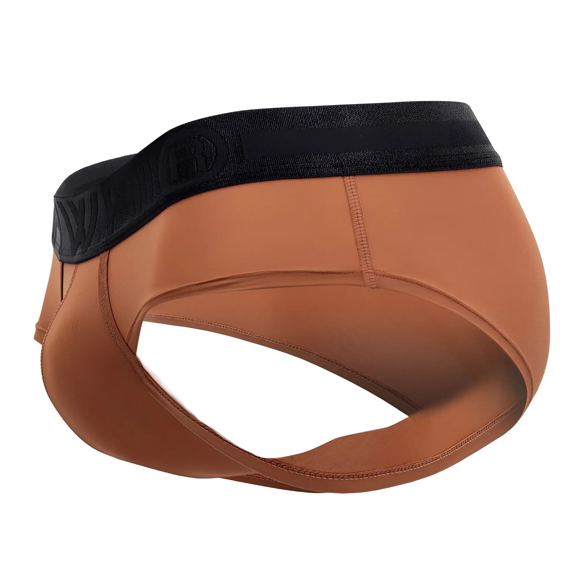 Tan athletic microfiber hip briefs with black embossed logo waistband in amber color hawai 42191 solid style