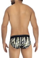 Hawai 42192 printed microfiber hip briefs in black and olive green pattern with white stripe trim military green color