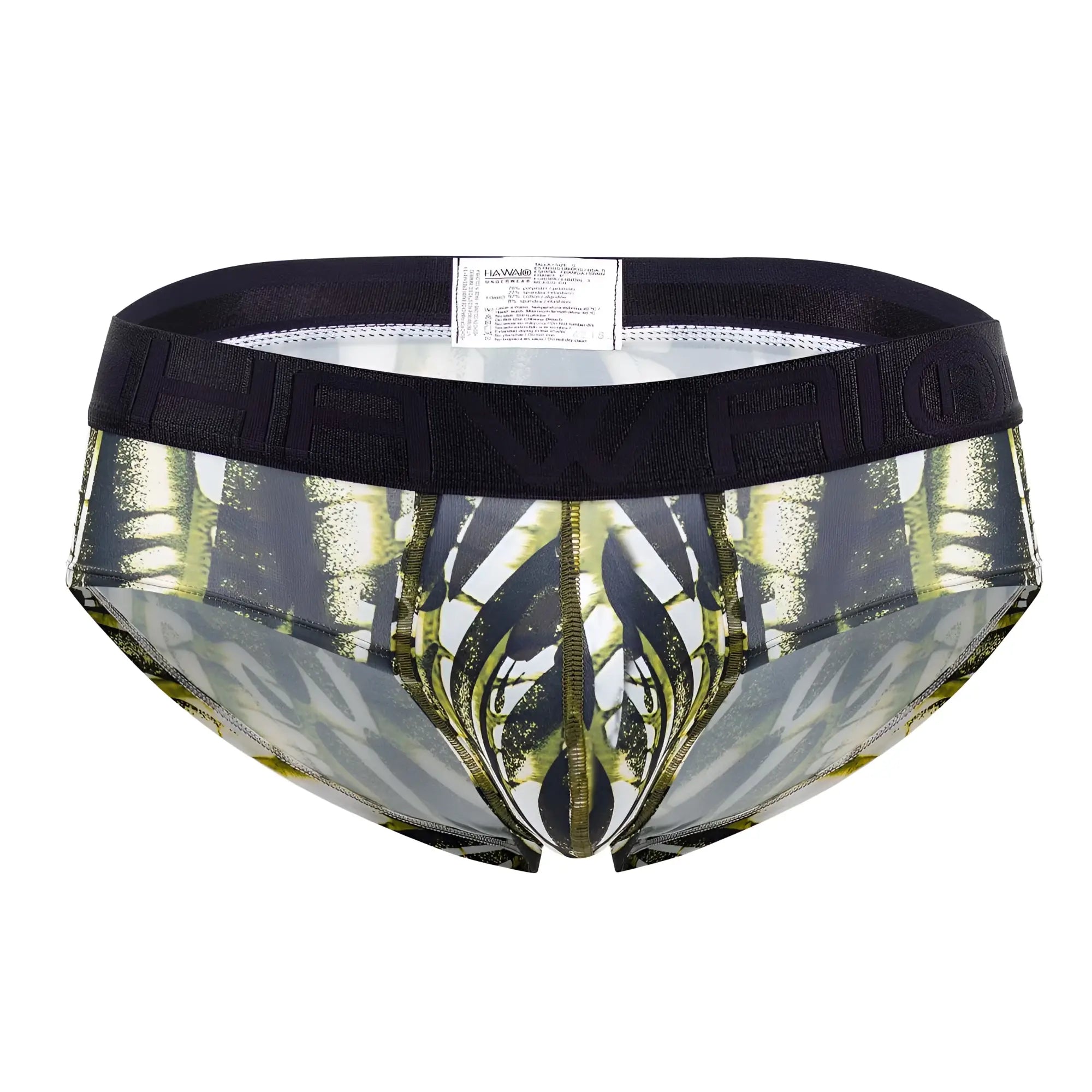 Black and green patterned hawaï 42192 microfiber hip briefs with bold abstract military green design