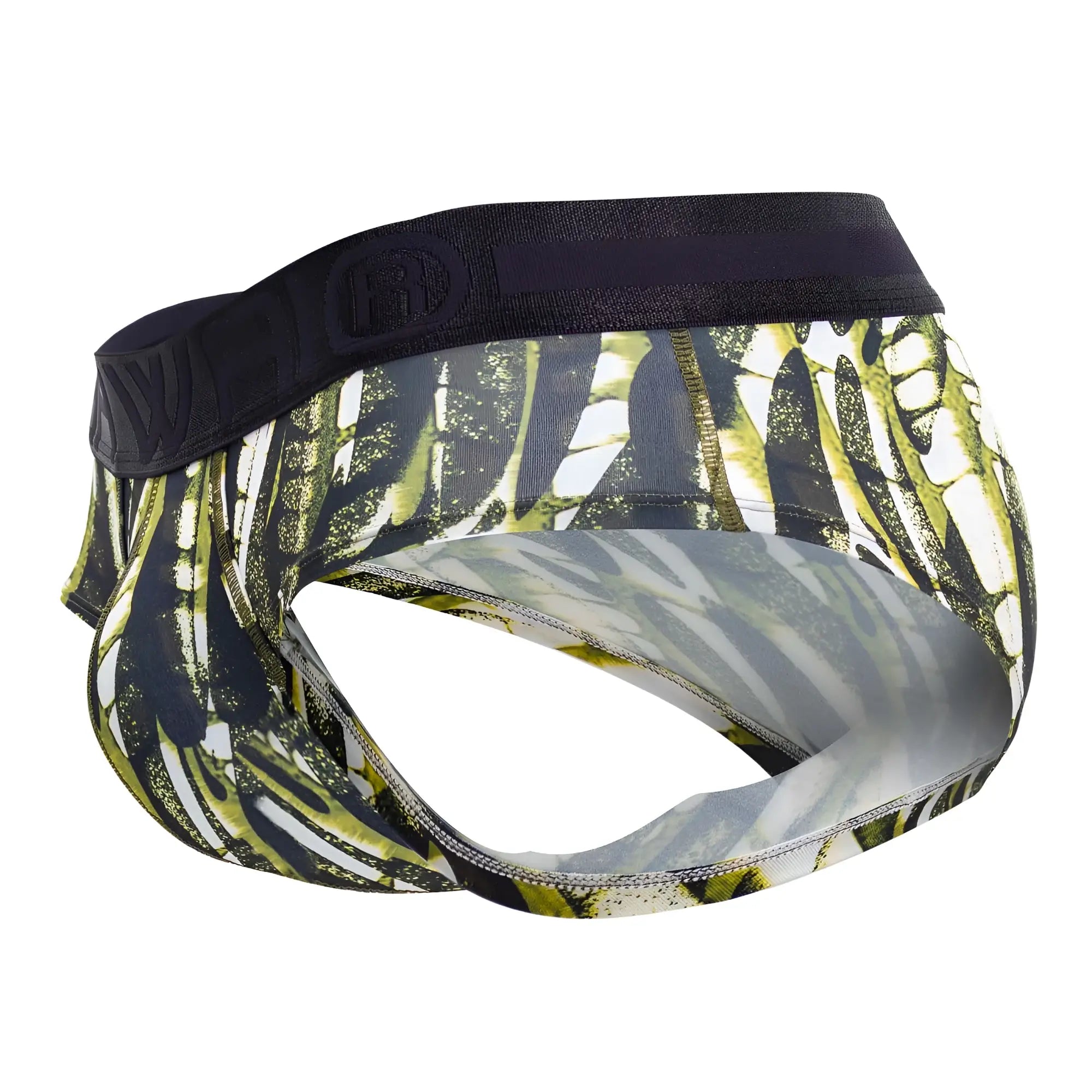 Black waistband hip briefs with subtle logo and vibrant green and white leaf microfiber fabric in military green