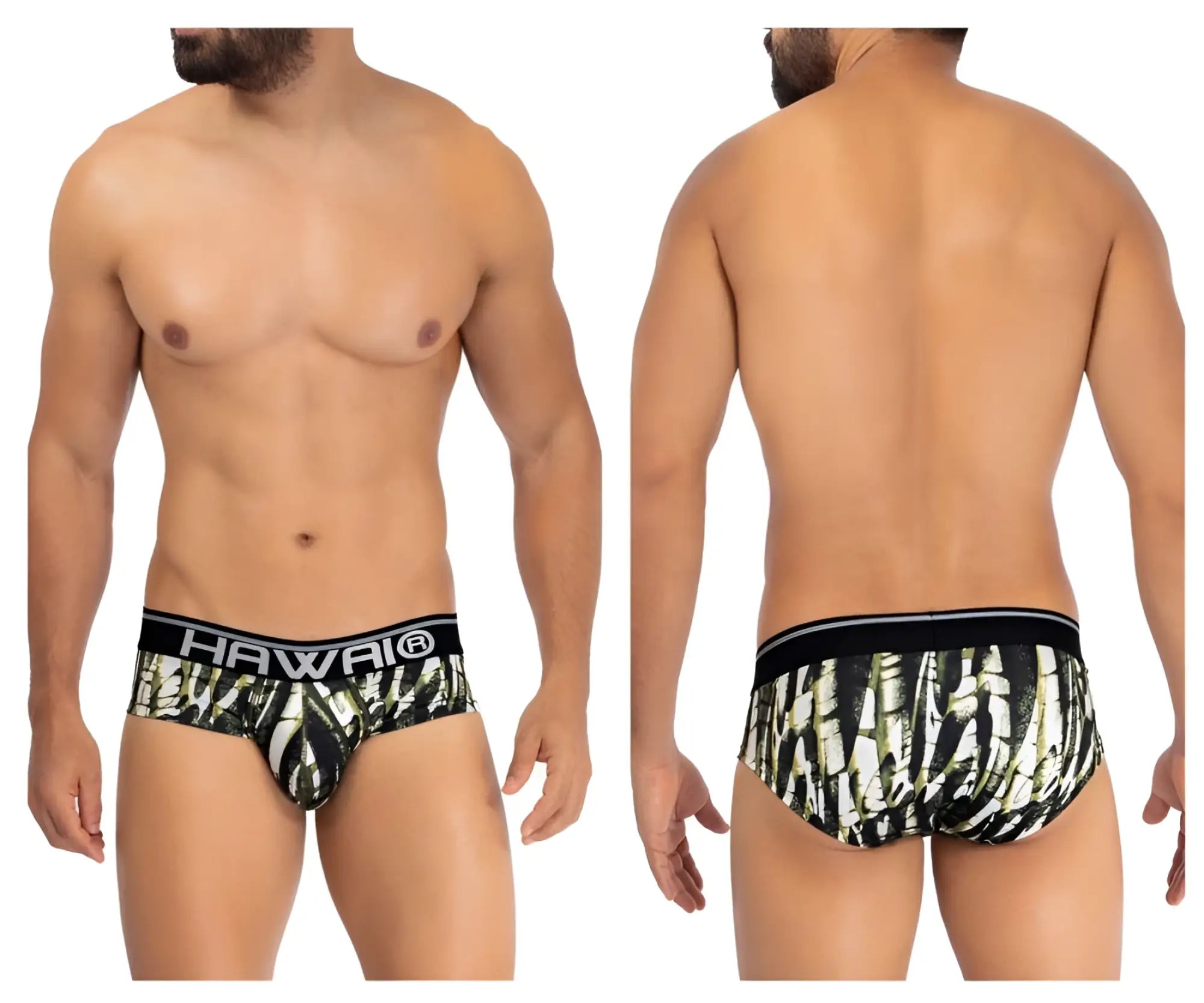 Black and white bamboo patterned hawai 42192 printed microfiber hip briefs with solid black waistband in military green