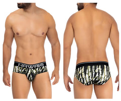 Black and white bamboo patterned hawai 42192 printed microfiber hip briefs with solid black waistband in military green