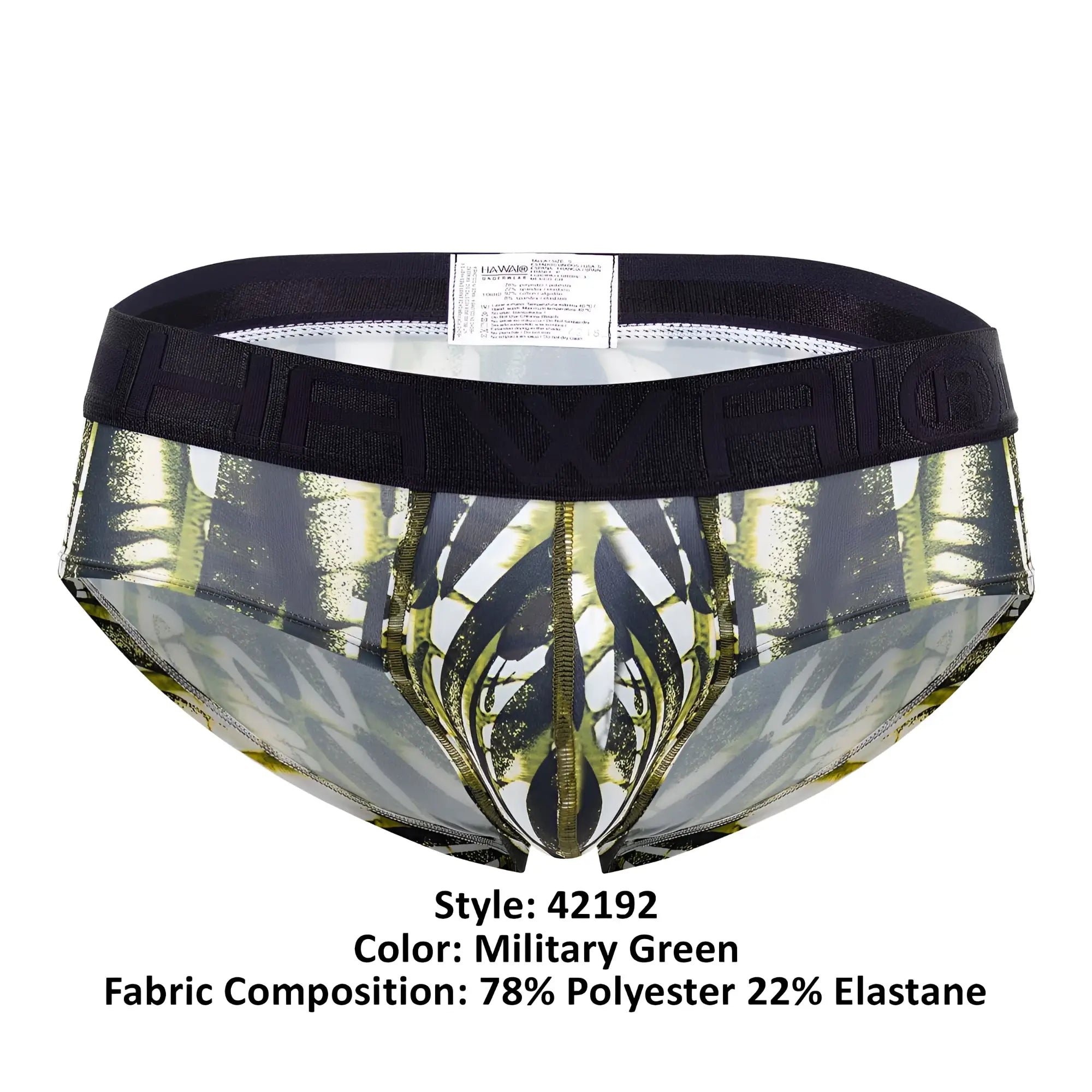 Military green microfiber hip briefs with a black elastic waistband featuring raised hawaii branding