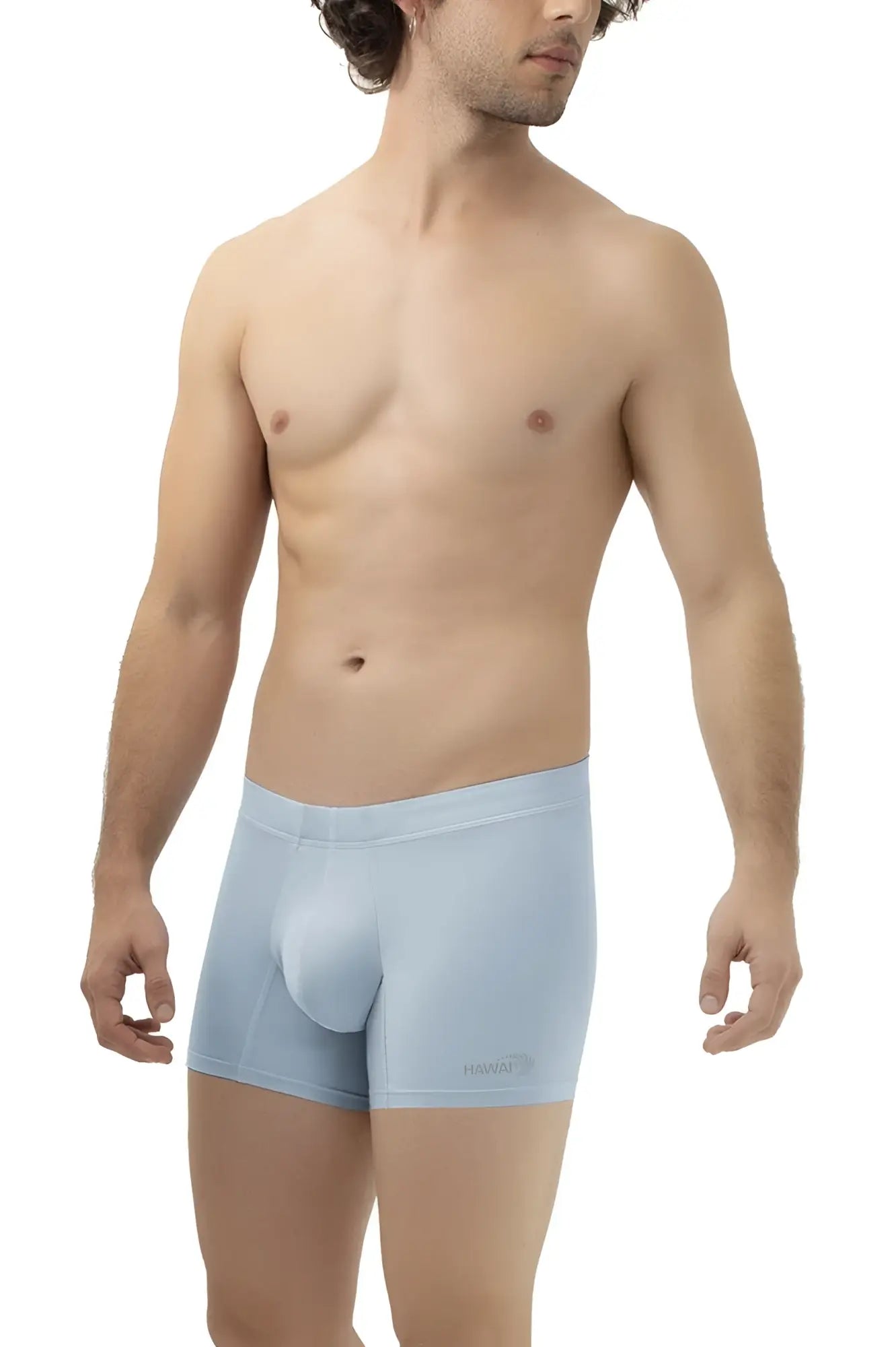 Light blue microfiber hawai 42222 men’s boxer briefs with smooth form-fitting design and subtle waistband logo