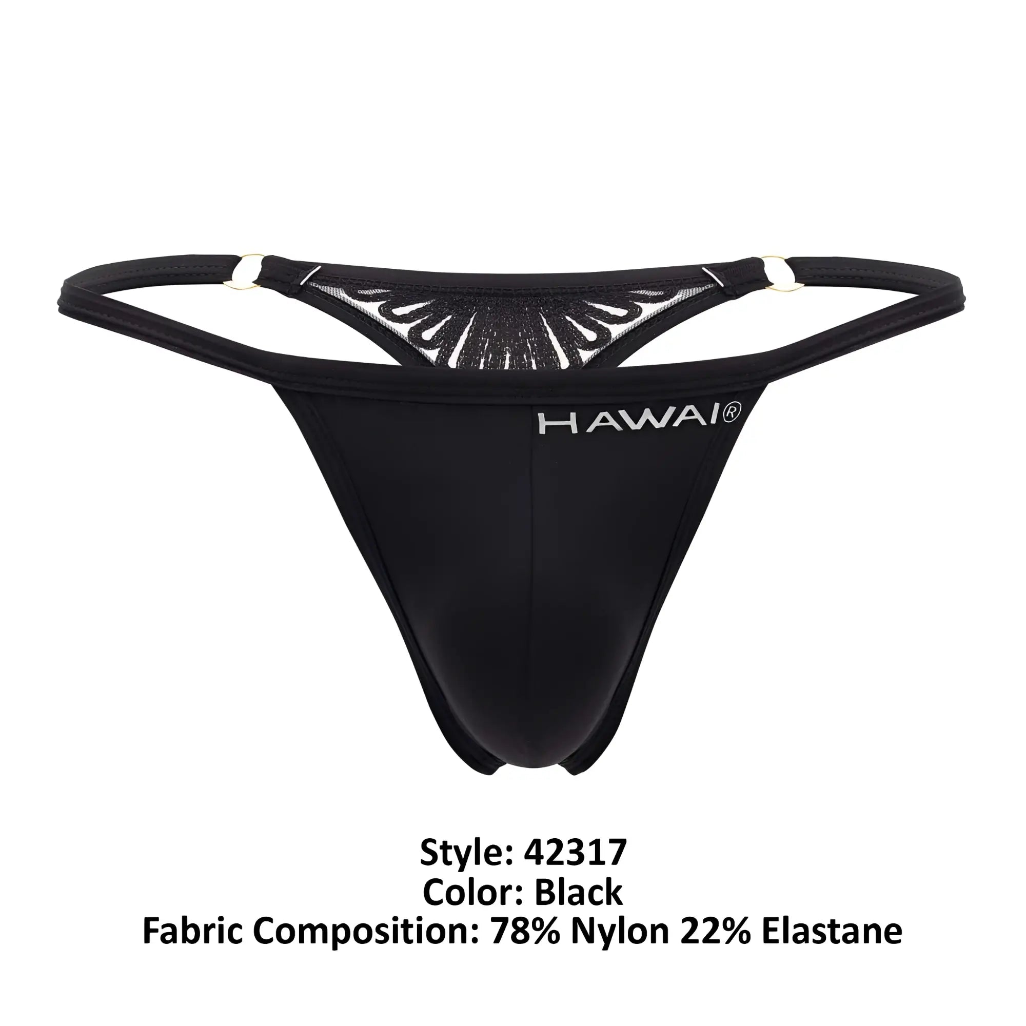 Black hawai 42317 microfiber thong back side with sheer mesh panel and silver-toned metal clasps in black