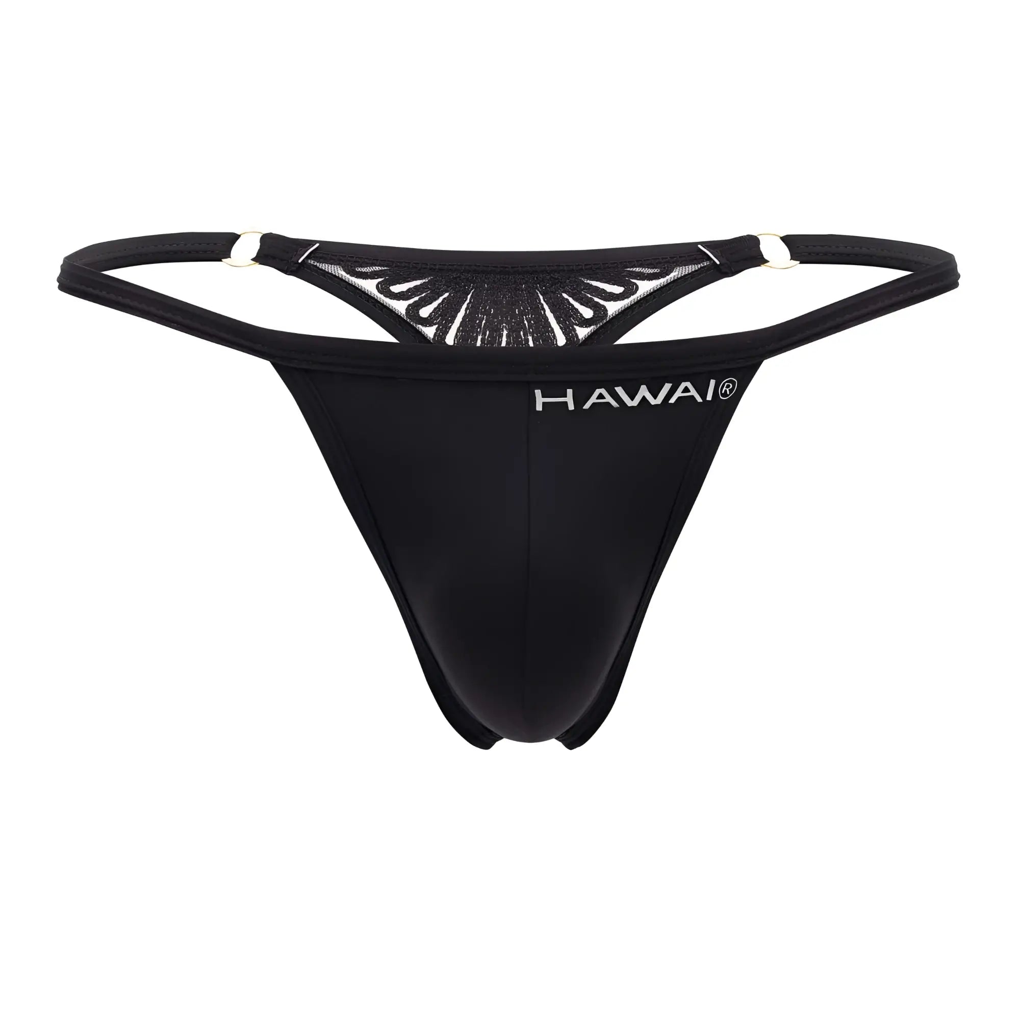 Back side of black Hawai 42317 microfiber thong with sheer mesh fan pattern and silver toned metal clasps
